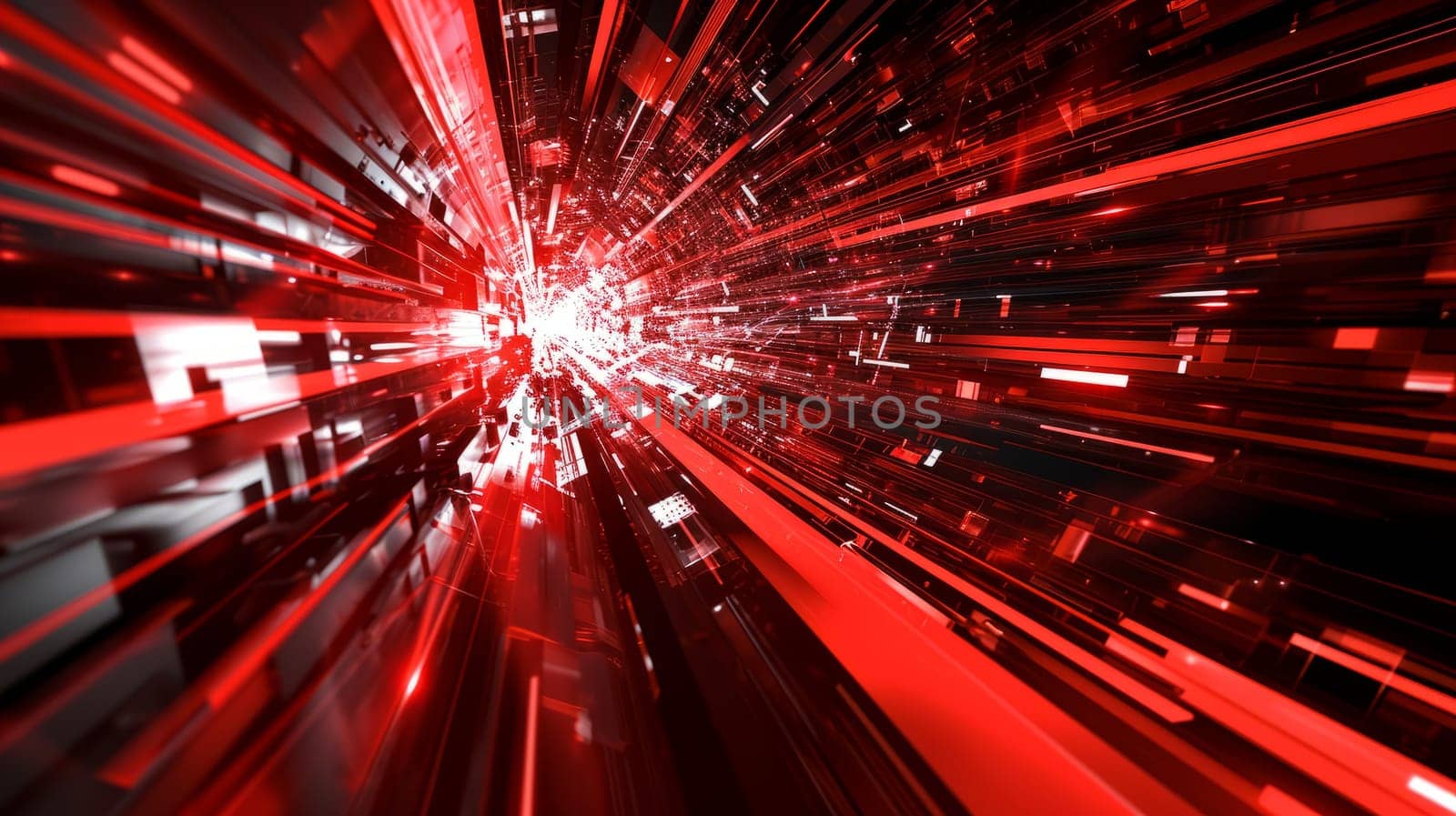 Network technologies. Futuristic tech red background 3d illustration with glowing particles AI