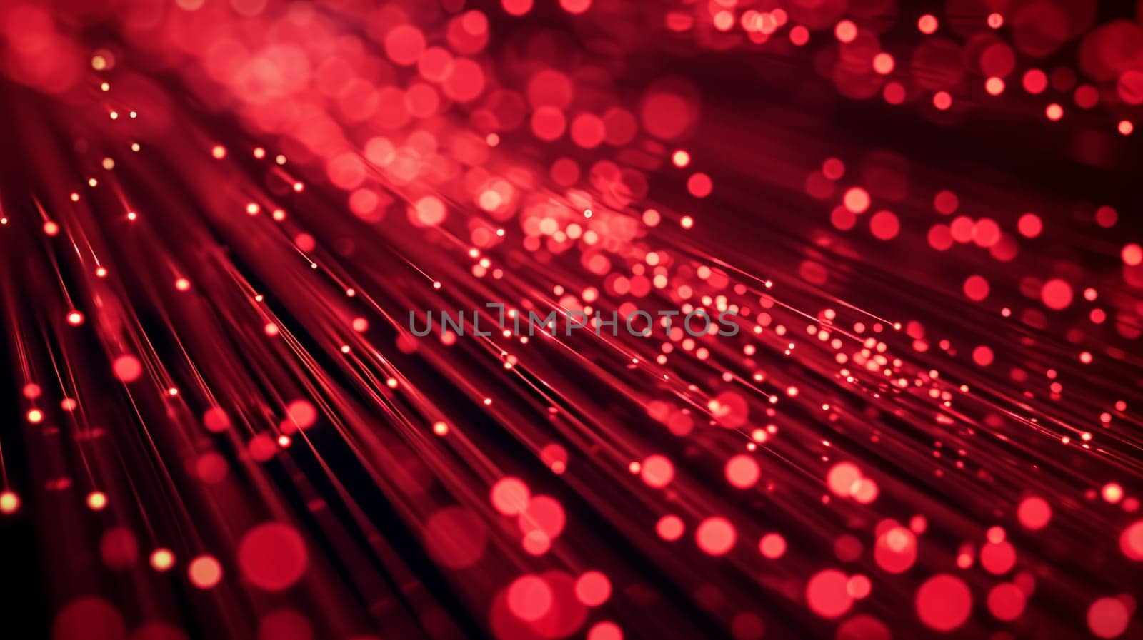 Network technologies. Futuristic tech red background 3d illustration with glowing particles AI