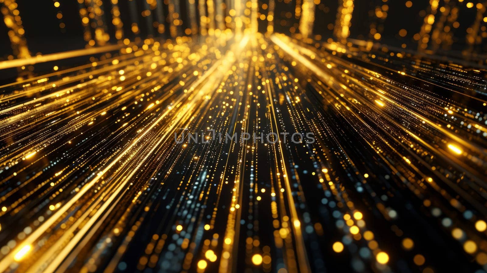 Network technologies. Futuristic tech golden yellow background 3d illustration with glowing particles AI