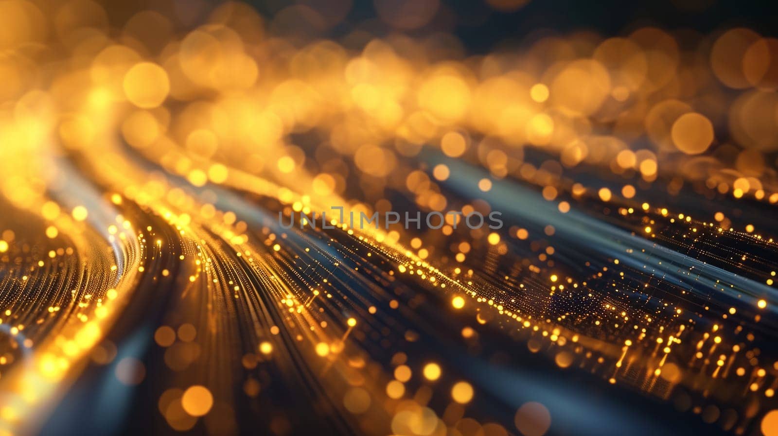 Network technologies. Futuristic tech golden yellow background 3d illustration with glowing particles AI
