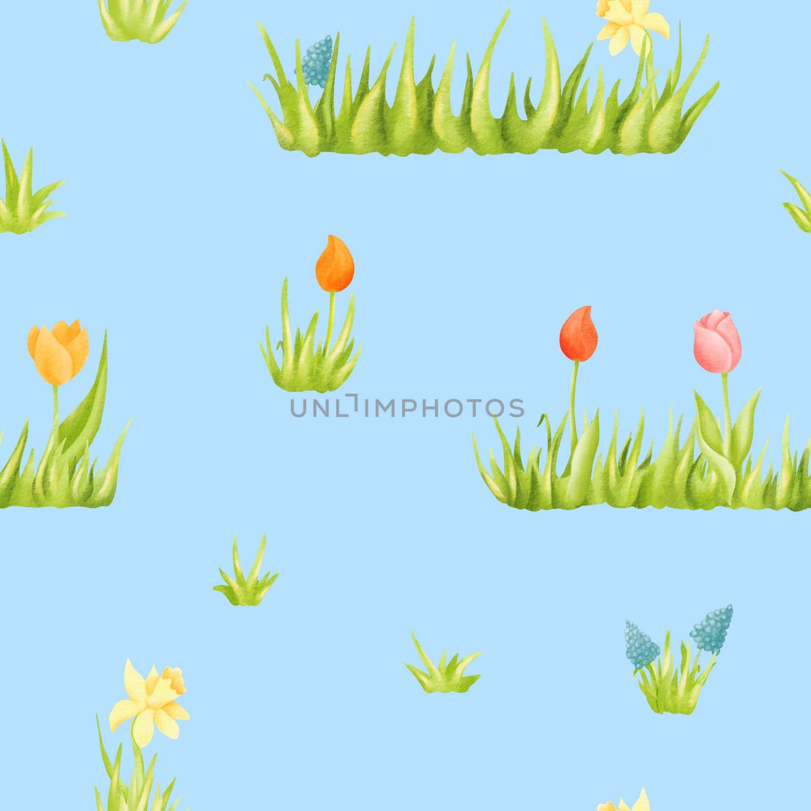 Seamless pattern with a children's spring theme. Beautiful cartoon summer flowers bloom on the lawn. Tulips, daffodils and greenery are watercolor. Fresh ornament for textiles, packaging and clothing
