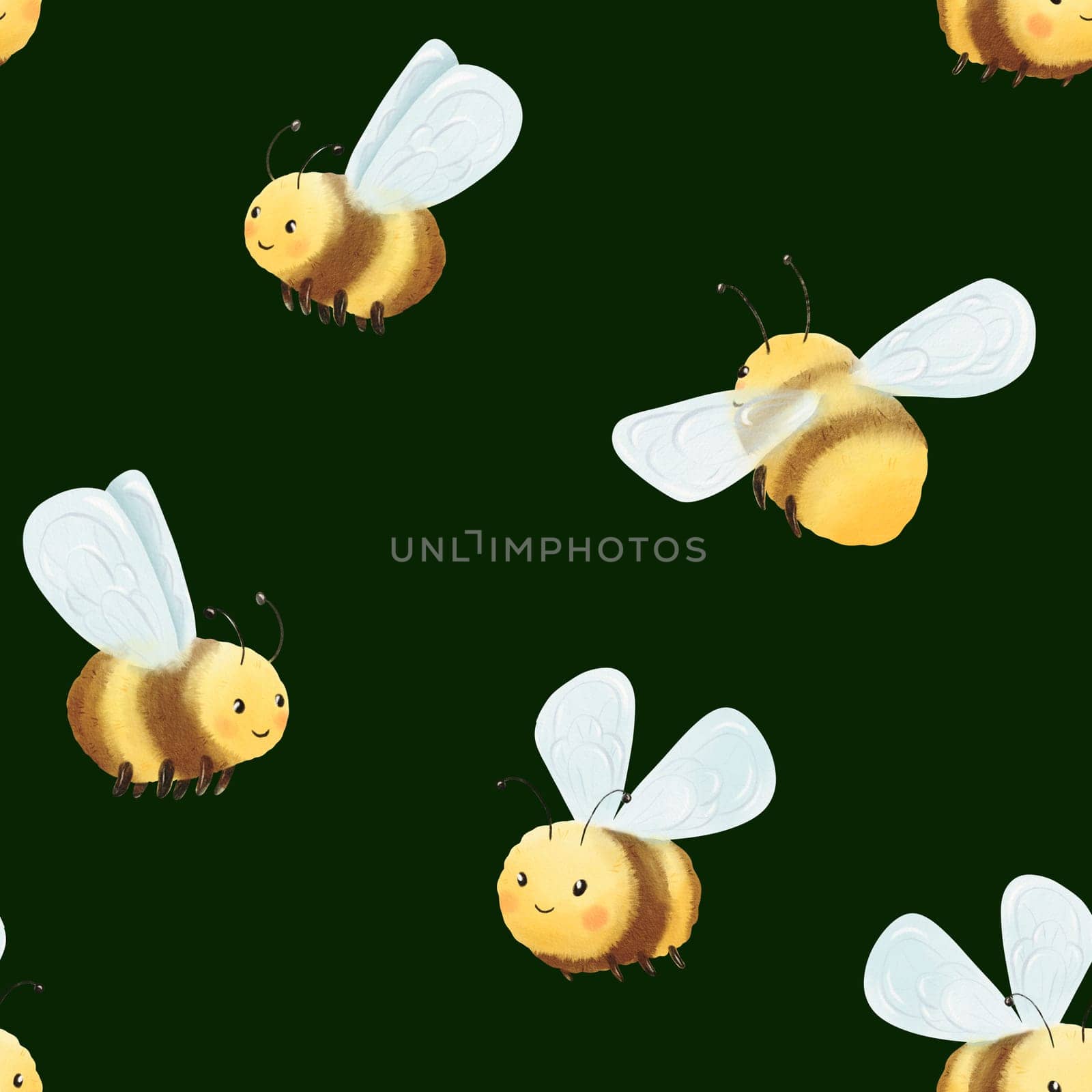 Seamless pattern of Child Funny cute black and yellow bee with their wings. Bumblebee, honeybee hand painted Illustration. Digital watercolor hand-drawn style. Dark background by Art_Mari_Ka