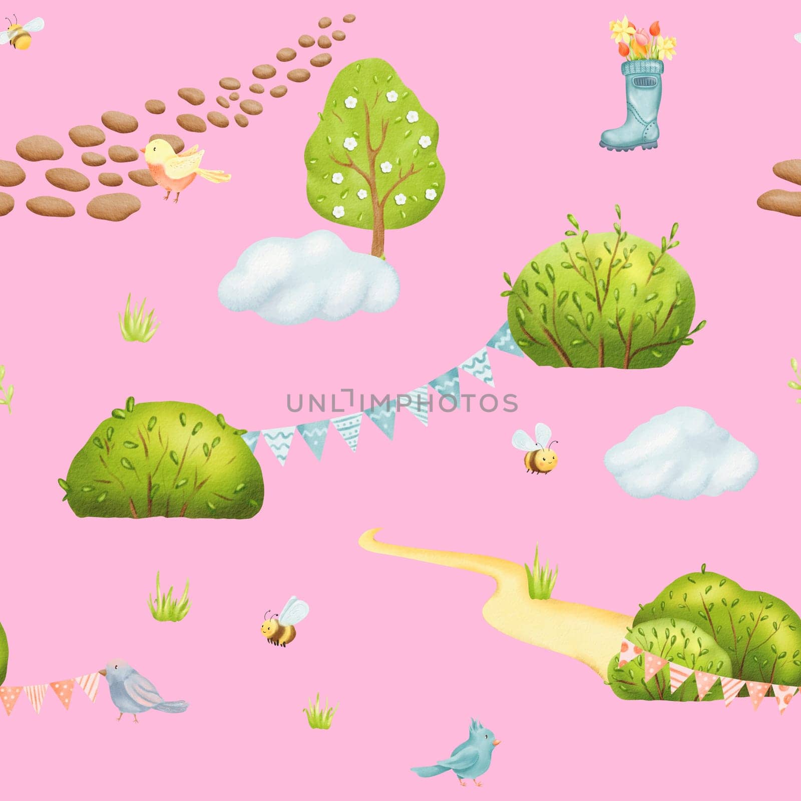 Seamless fairy pattern children's spring theme. Beautiful cartoon birds, naughty bees on the lawn in summer. Clouds, paths and birthday garlands. Fresh ornament for textiles, packaging and clothing