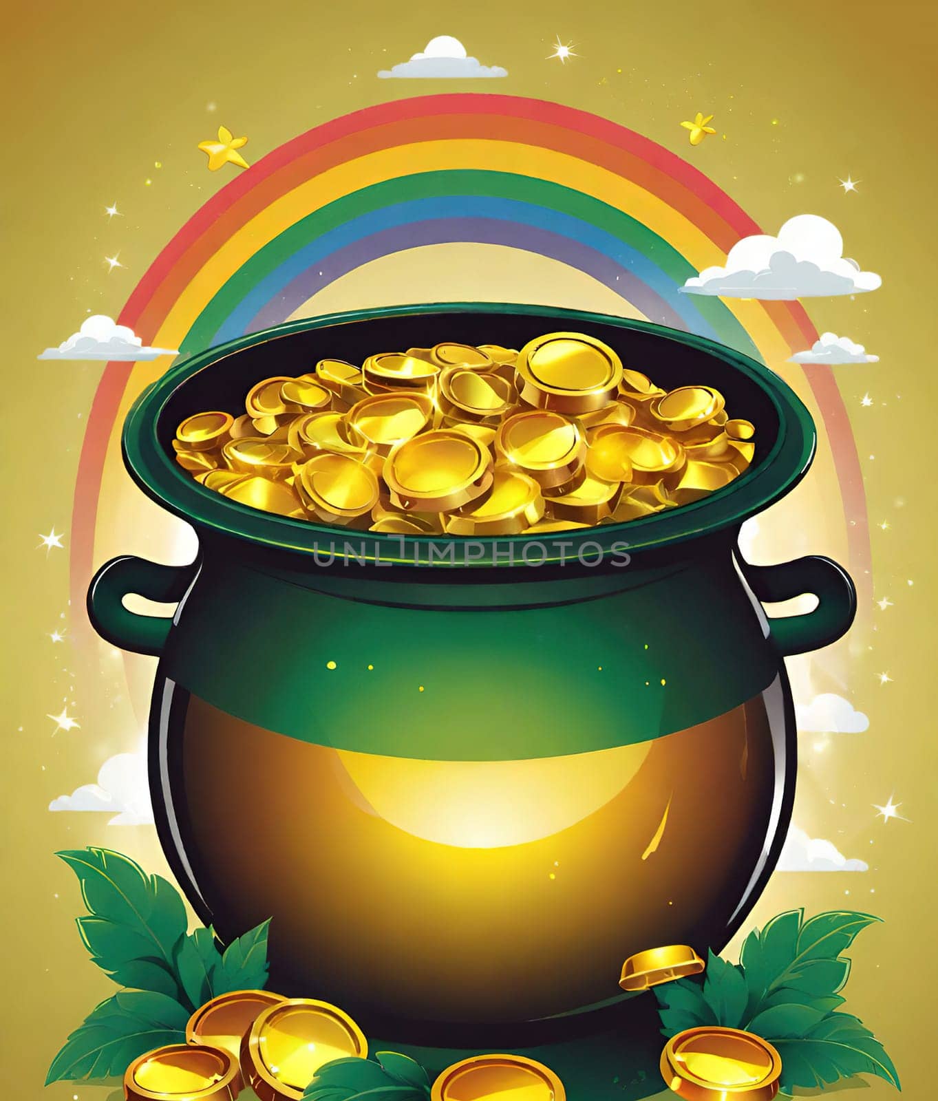 Pot of gold with rainbow and coins. by yilmazsavaskandag