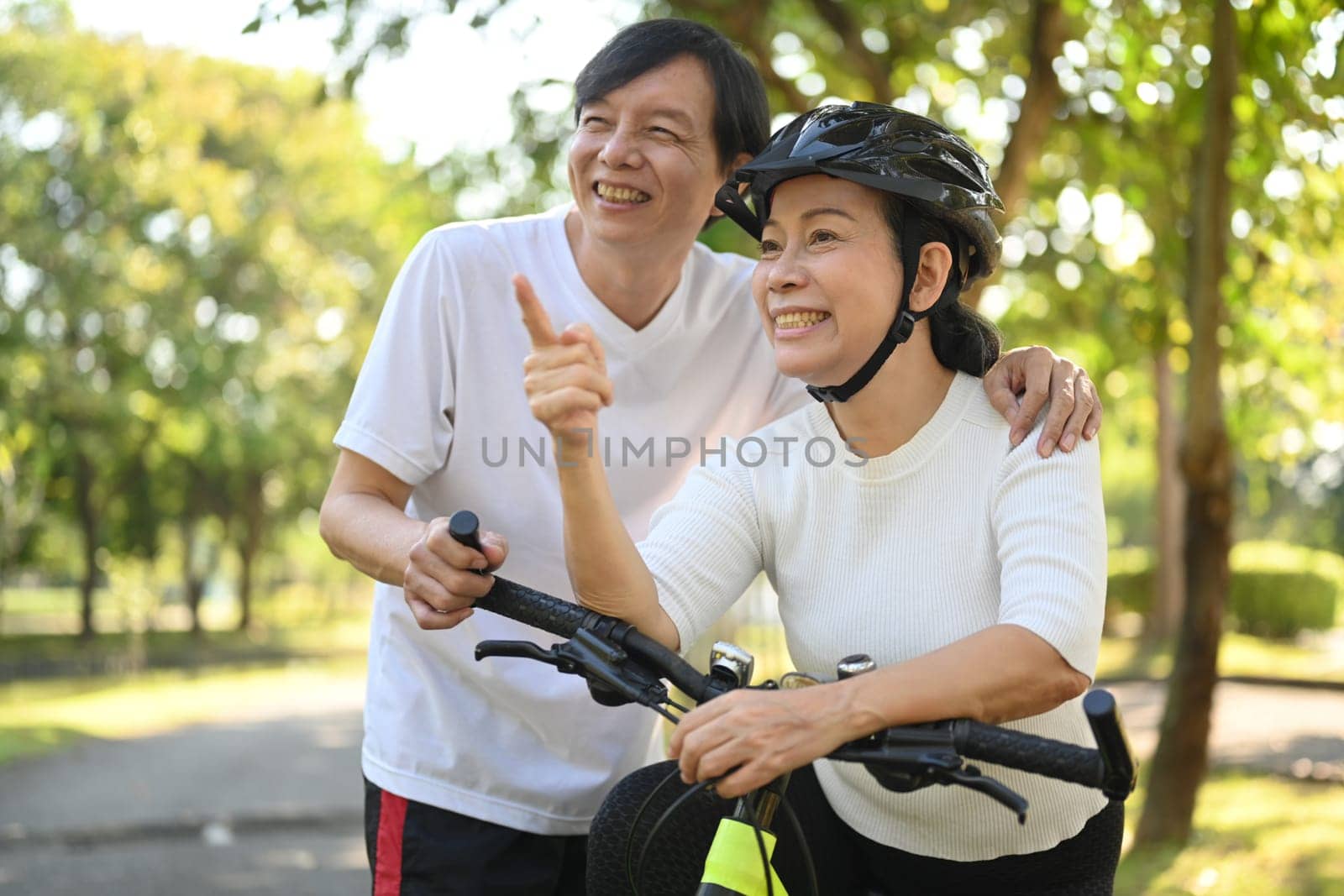 Happy Asian senior couple riding bicycles at summer park. Active retirement lifestyle concept
