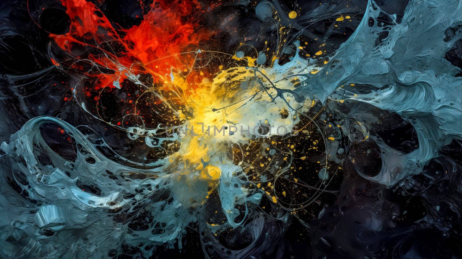 A dynamic abstract explosion of colors, combining elements of fire and ice with fluid forms