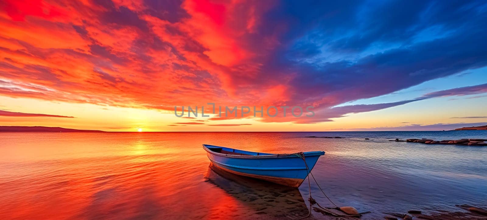 Dramatic sunset over the ocean with a solitary blue boat on the shore. banner with copy space
