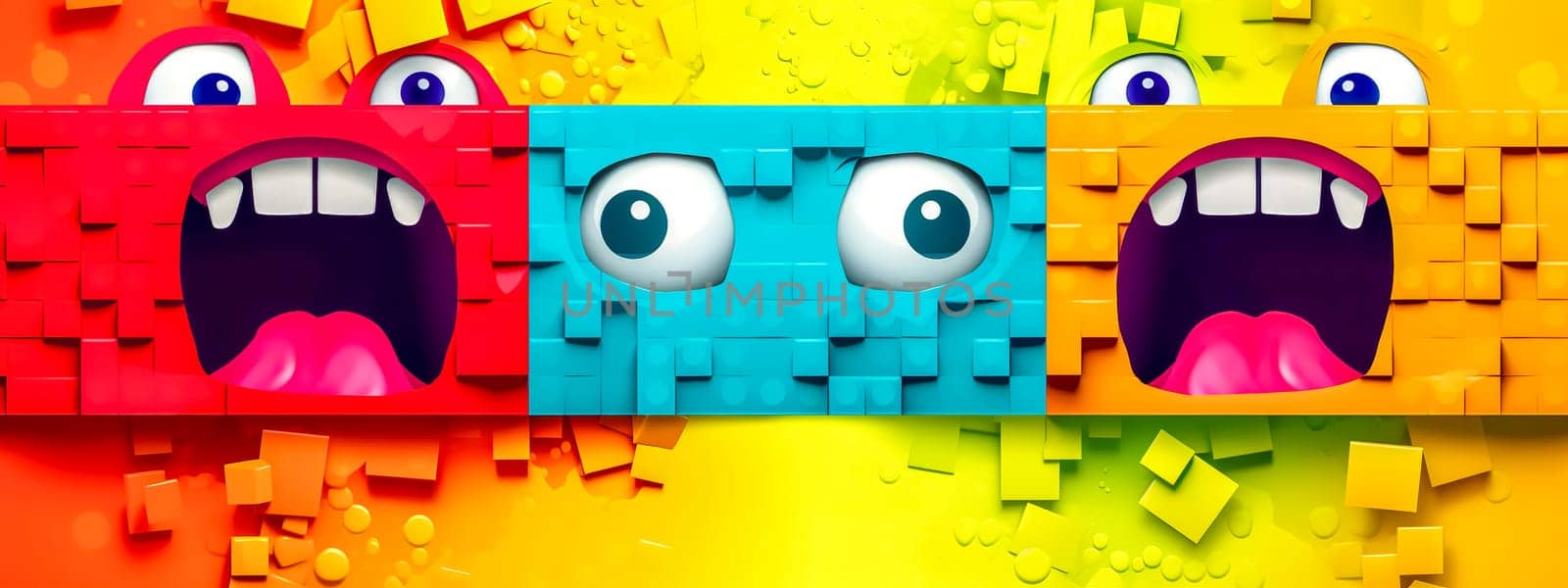 three expressive faces made out of blocks. The vibrant colors and playful design could be interpreted as a modern, digital take on pixel art, often seen in video game graphics and contemporary, banner