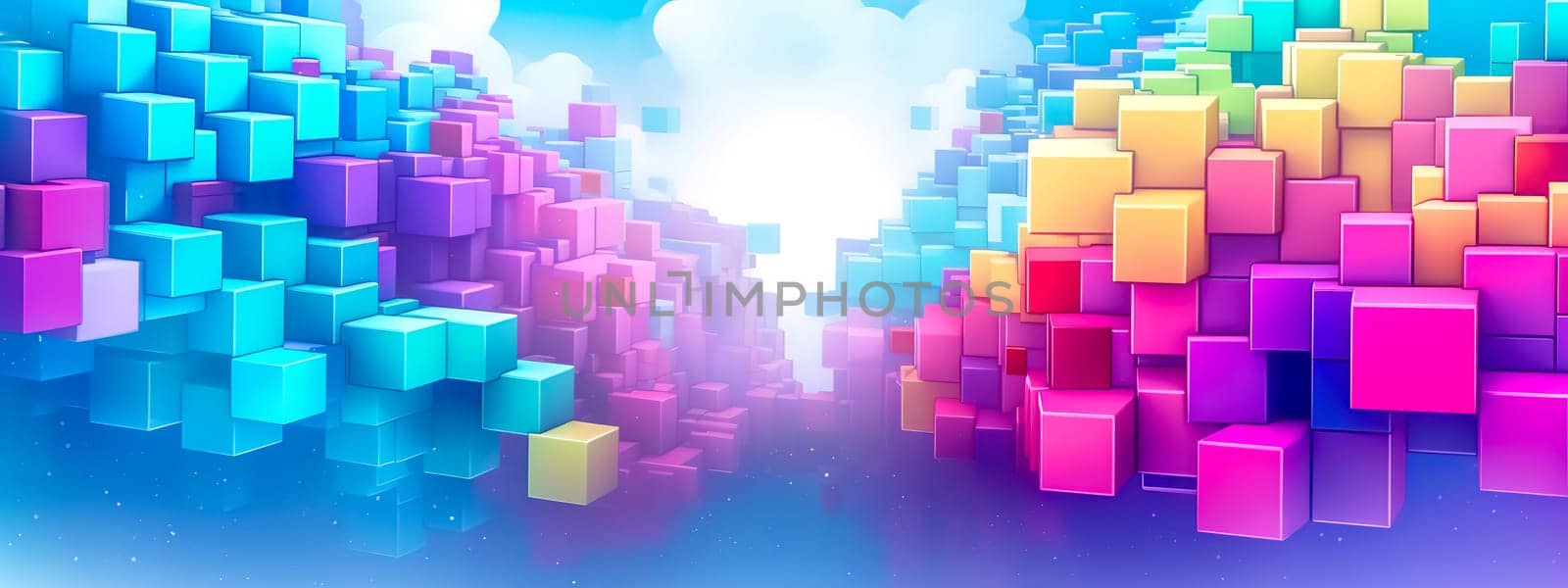 cubes in a gradient of hues, reminiscent of a modern, vibrant interpretation of Tetris blocks. It's not actual pixel art but gives a similar structured and geometric feel, 3D banner