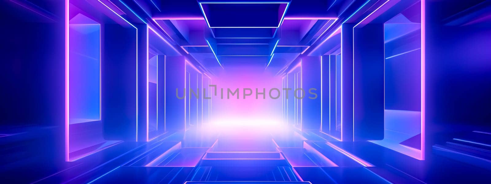 3D digital art of a virtual corridor with neon lighting, creating a sense of depth and an illusion of an alternate, cybernetic dimension, banner with copy space