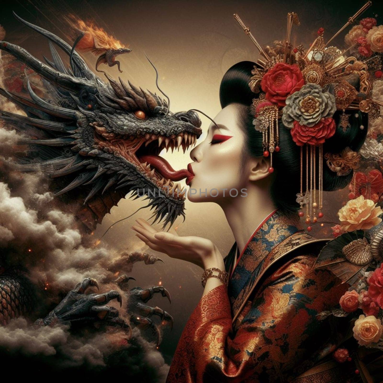 powerful dragon chinese creature tame powerful woman in baroque painting styleai generated