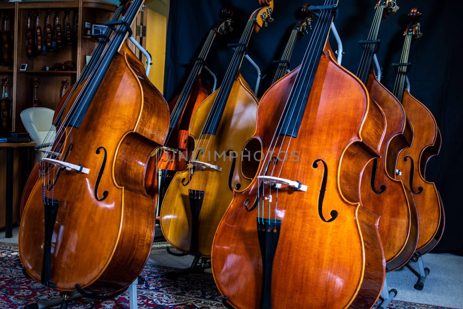 closeup of row of double basses resting against dark background by iansaf