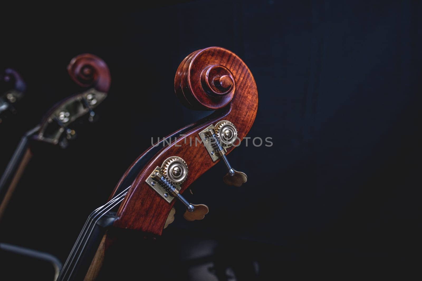 Vintage brown double bass neck, double bass scroll and tuning pegs. Shallow depth of field by iansaf