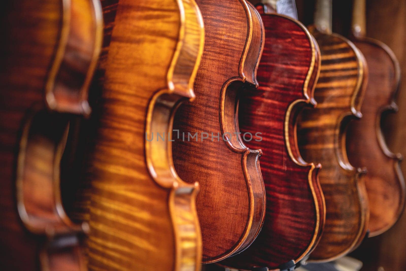 Row of multiple violins hanging on the wall