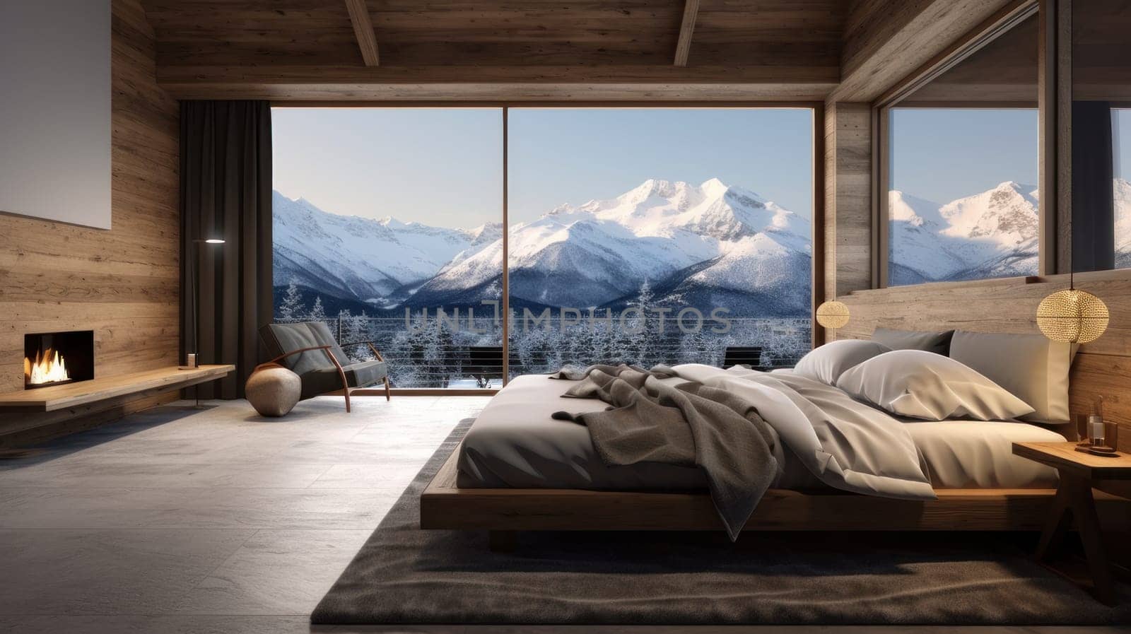 Bedroom in a luxury hotel in the middle of winter and mountains by Alla_Yurtayeva