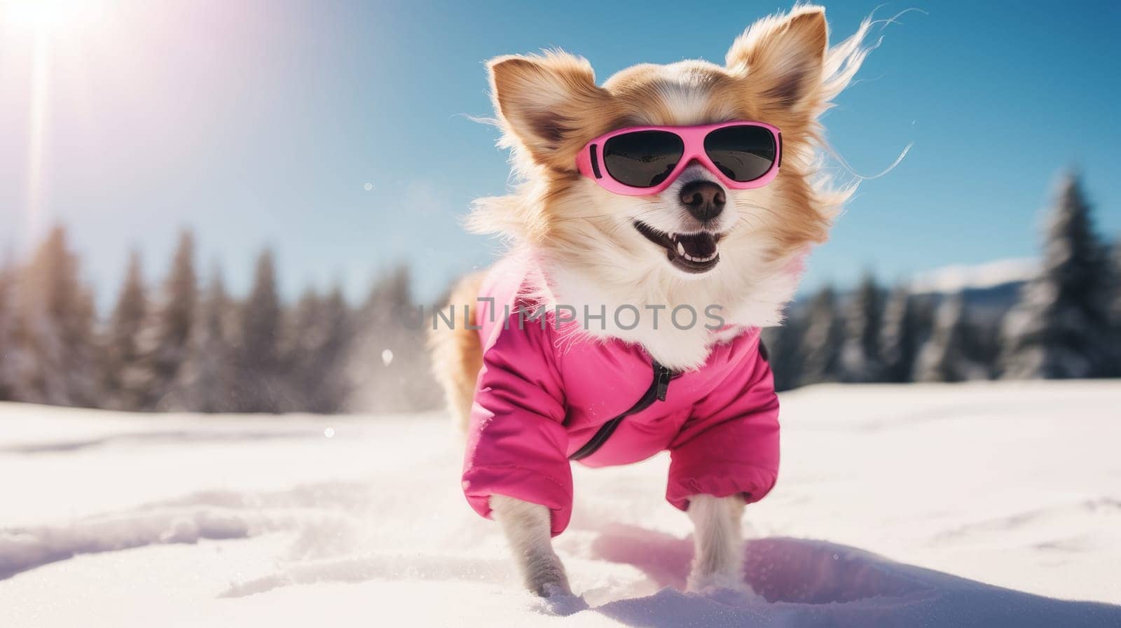 A happy active small, cheerful dog in a pink jacket and glasses runs through the snow overlooking a snowy landscape of a forest and mountains, at a ski resort. traveling around the world recreation, winter sports, vacations, tourism in unusual places