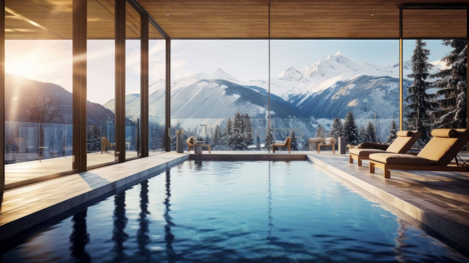 Swimming pool with panoramic windows in an ecological chalet hotel at an alpine ski resort overlooking the snowy landscape and mountains. by Alla_Yurtayeva