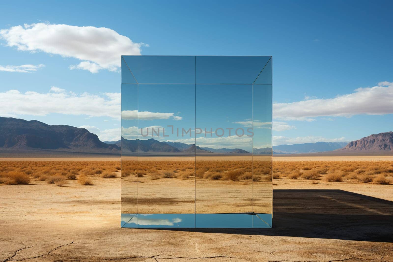 Large mirror in the desert with reflection.
