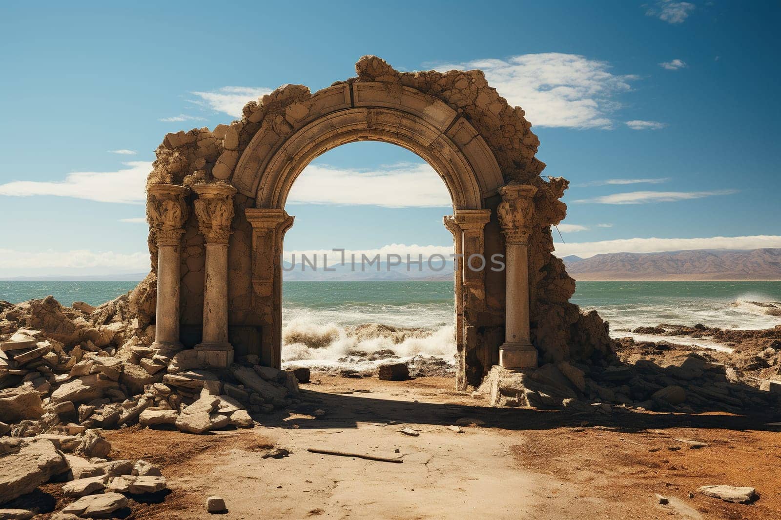 A dilapidated antique arch near the seashore. Generated by artificial intelligence by Vovmar