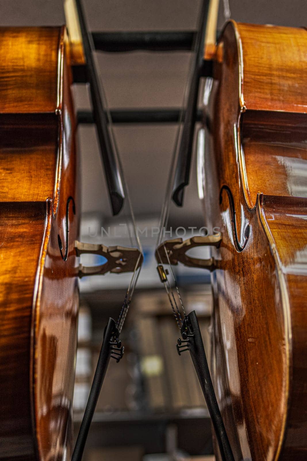 Wooden cellos leaning sideways