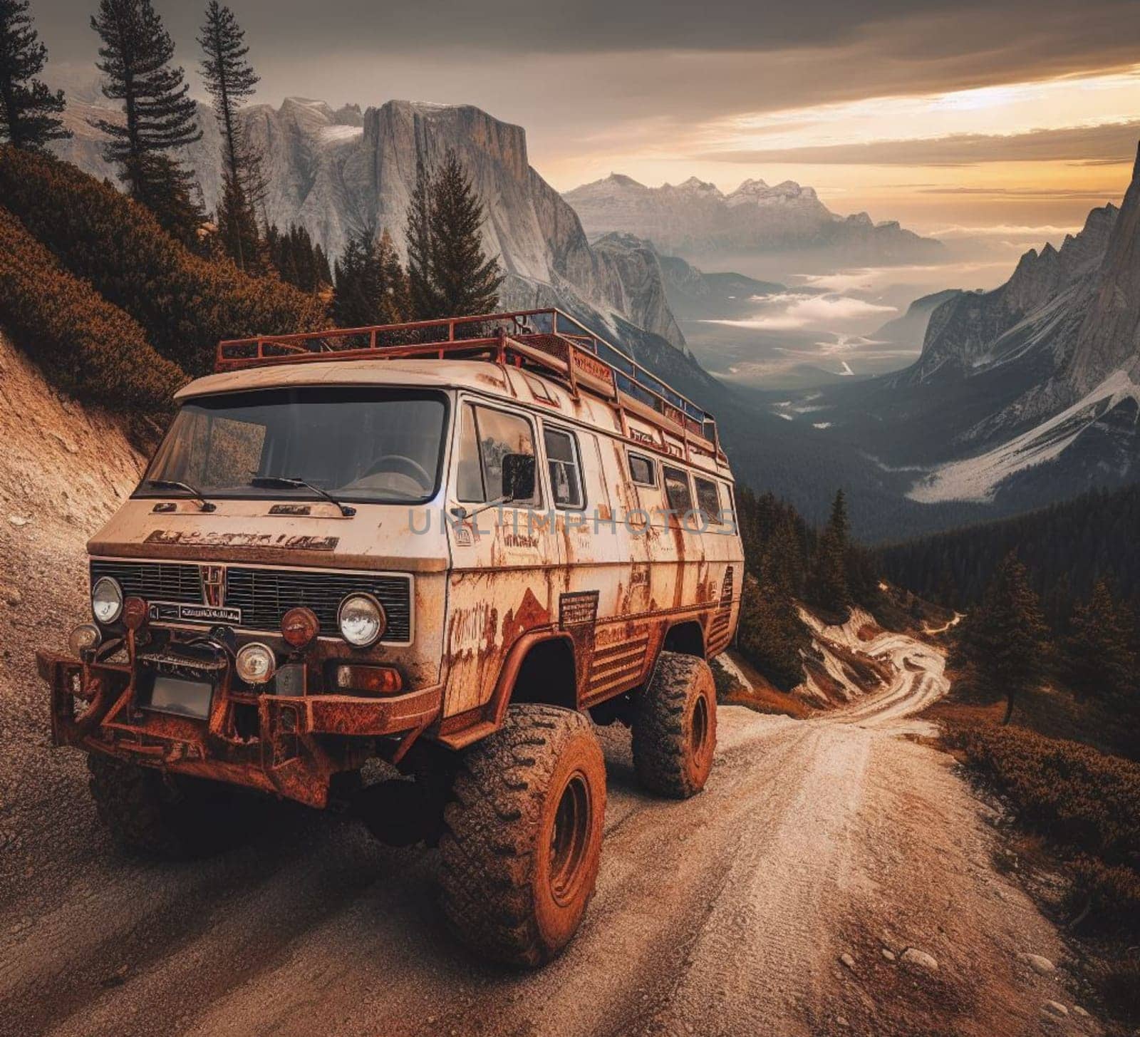 rusty dirt offroad 4x4 lifted vintage custom camper conversion jeep overlanding in mountain roads, nomadic lifestyle, adventure living, ai generated