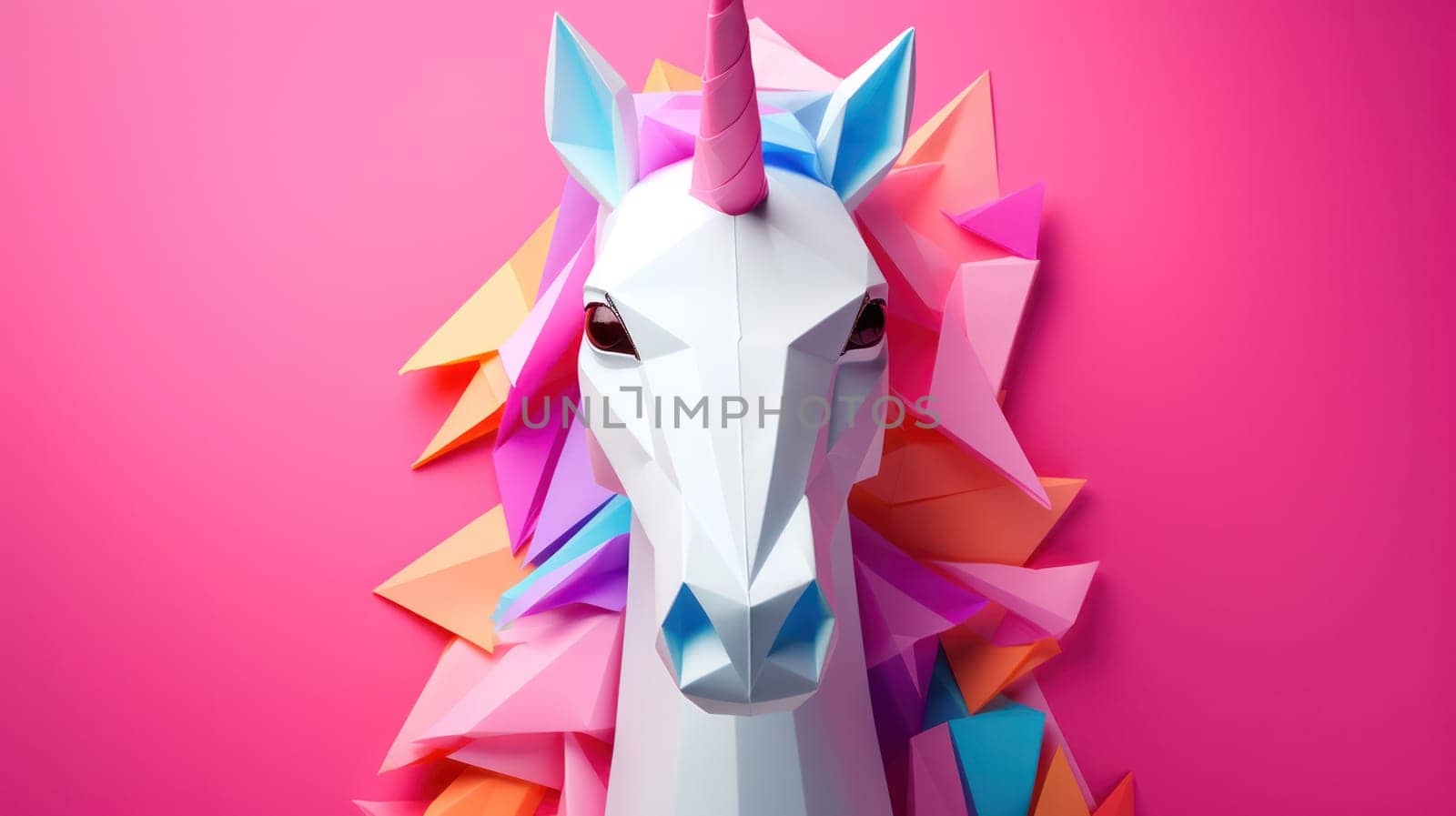 Whimsical Unicorn: A Playful, Colorful, and Magical Creature with a Geometric Pink and White Origami Paper Design on a Bright Blue Background by Vichizh