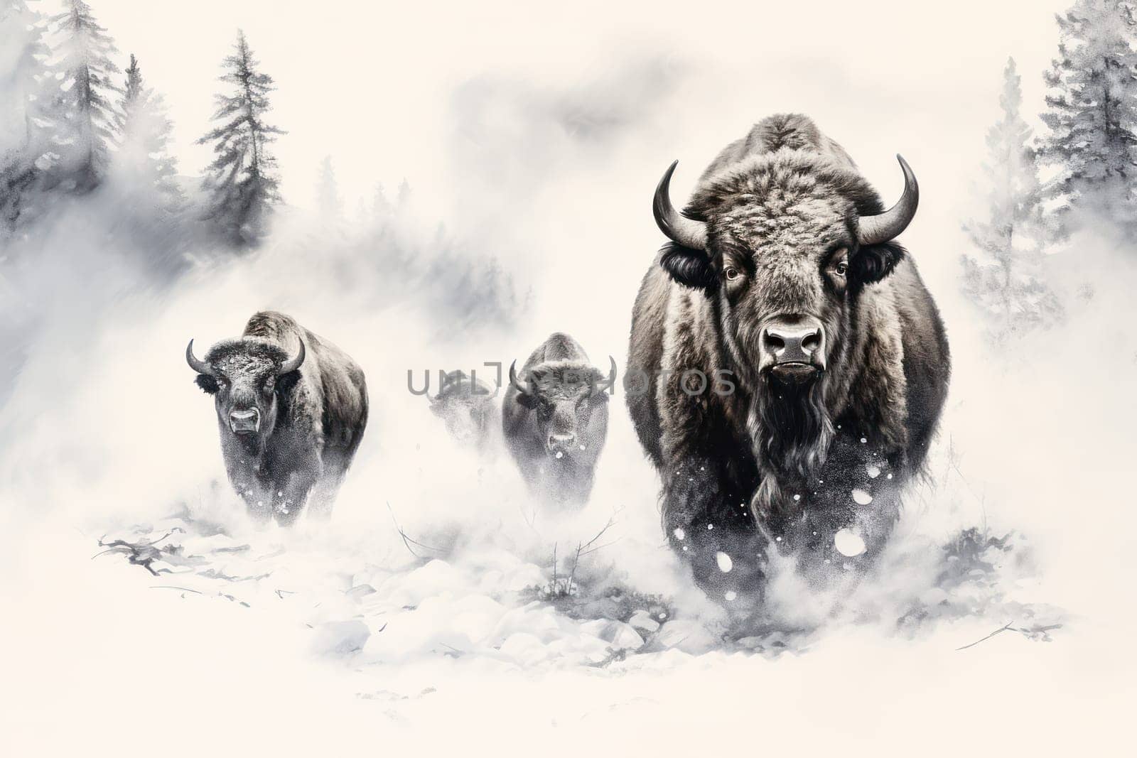Winter Majesty: A Majestic Group of Bison Grazing in the Snowy Wyoming Wilderness