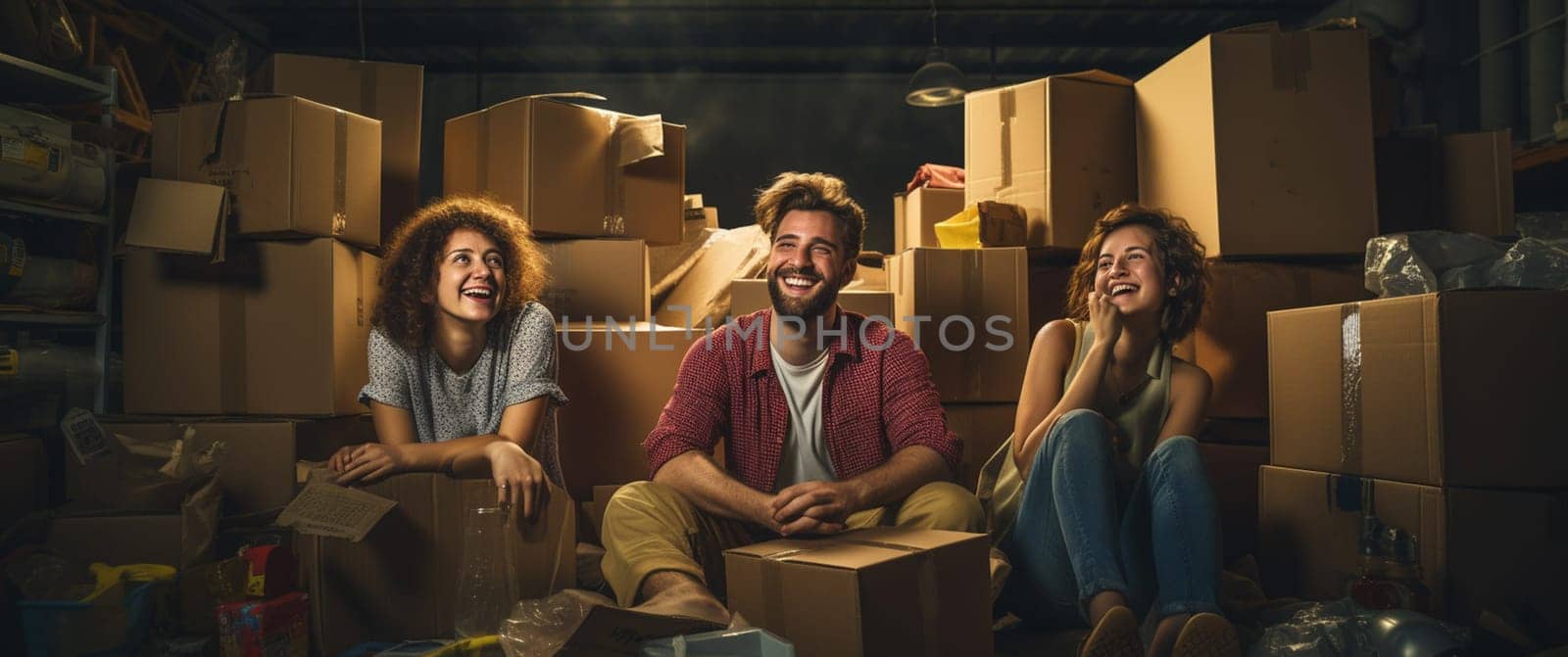 Happy laughing friends sitting on floor in their new home surrounded by cardboard boxes. New life, real estate, moving day concept by Andelov13