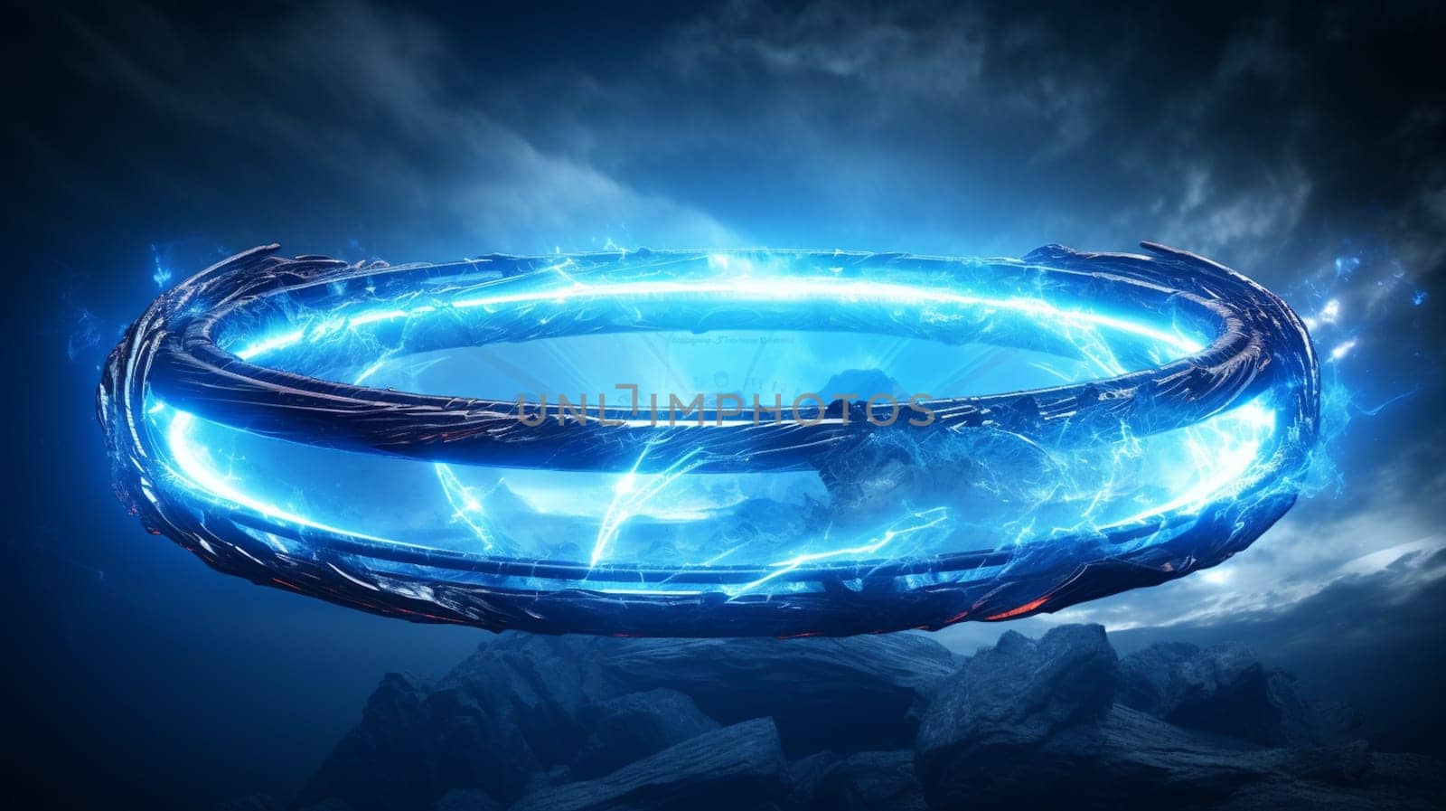 Blue circular shinning glowing light ring sparkle powerful effect dust explosion. Scatter bright neon on black background. Star frame galaxy and space digital concept. High quality photo