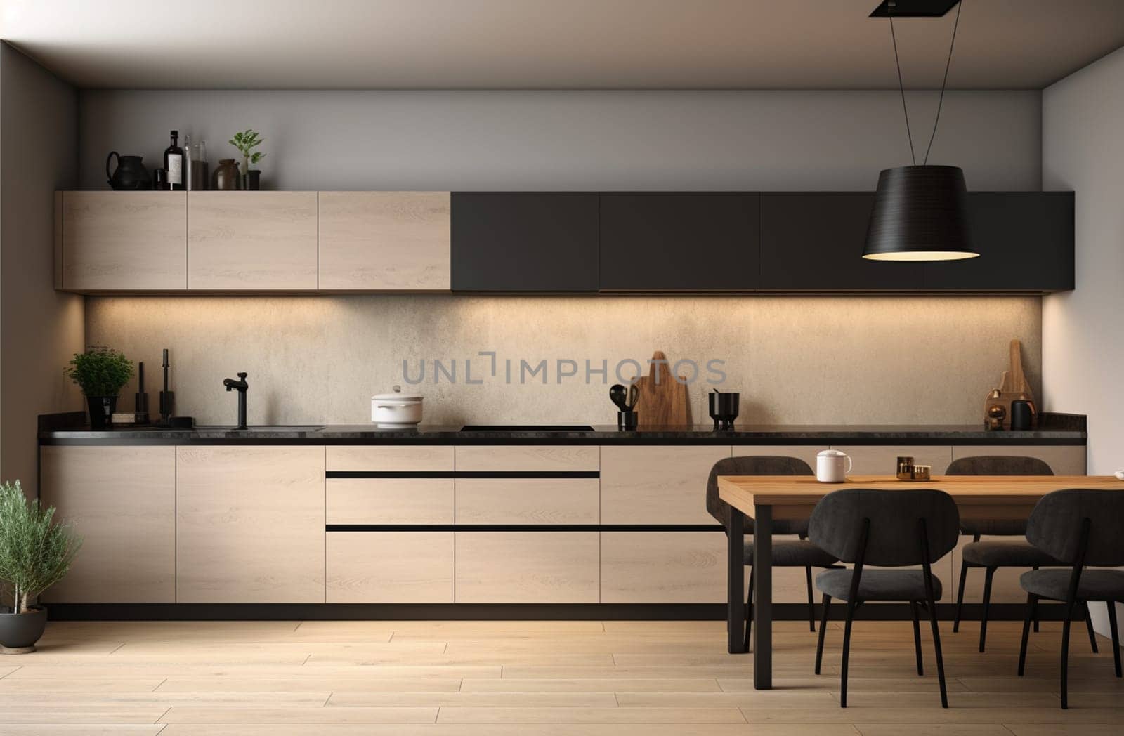 Dark wooden kitchen interior with bar chairs and countertop on grey concrete floor, side view. Modern eating space in apartment, panoramic window on countryside. 3D rendering. High quality photo