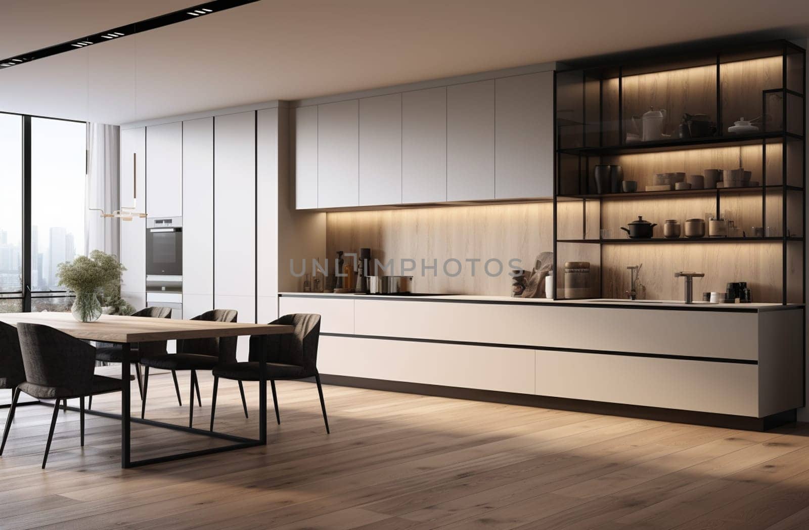 Dark wooden kitchen interior with bar chairs and countertop on grey concrete floor, side view. Modern eating space in apartment, panoramic window on countryside. 3D rendering. High quality photo