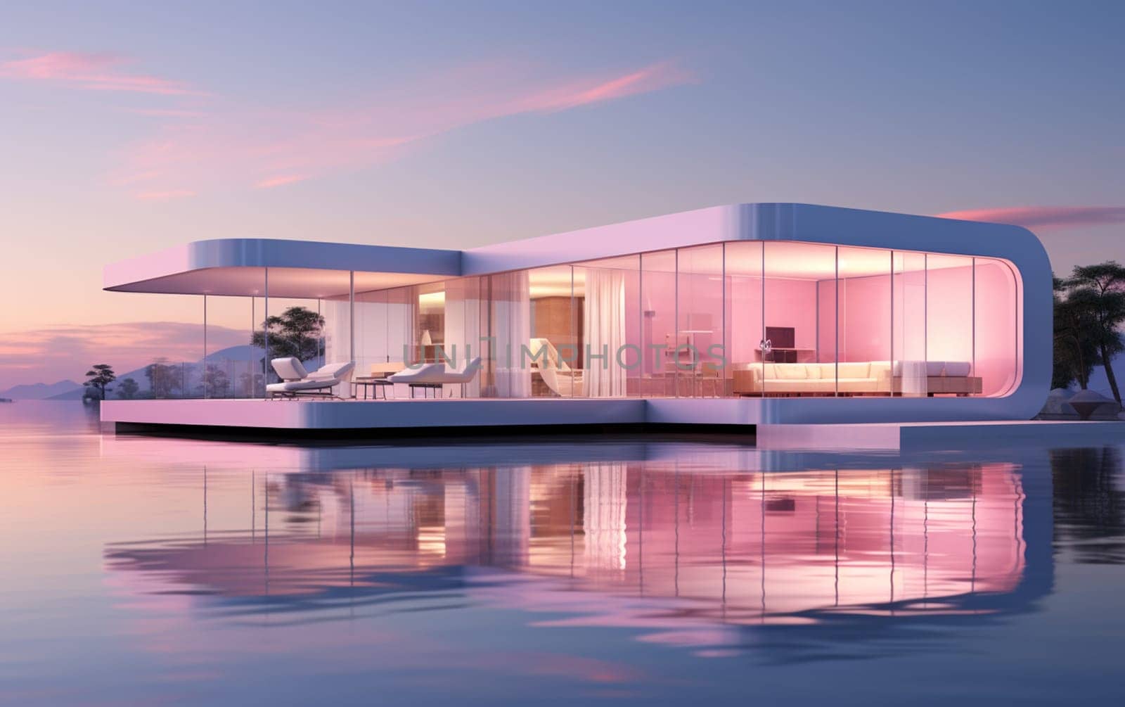 3D render of white modern house with swimming pool on lake background, Exterior with large window design. High quality photo