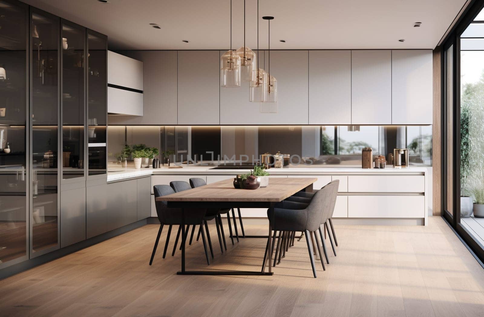 Dark wooden kitchen interior with bar chairs and countertop on grey concrete floor, side view. Modern eating space in apartment, panoramic window on countryside. 3D rendering. High quality photo