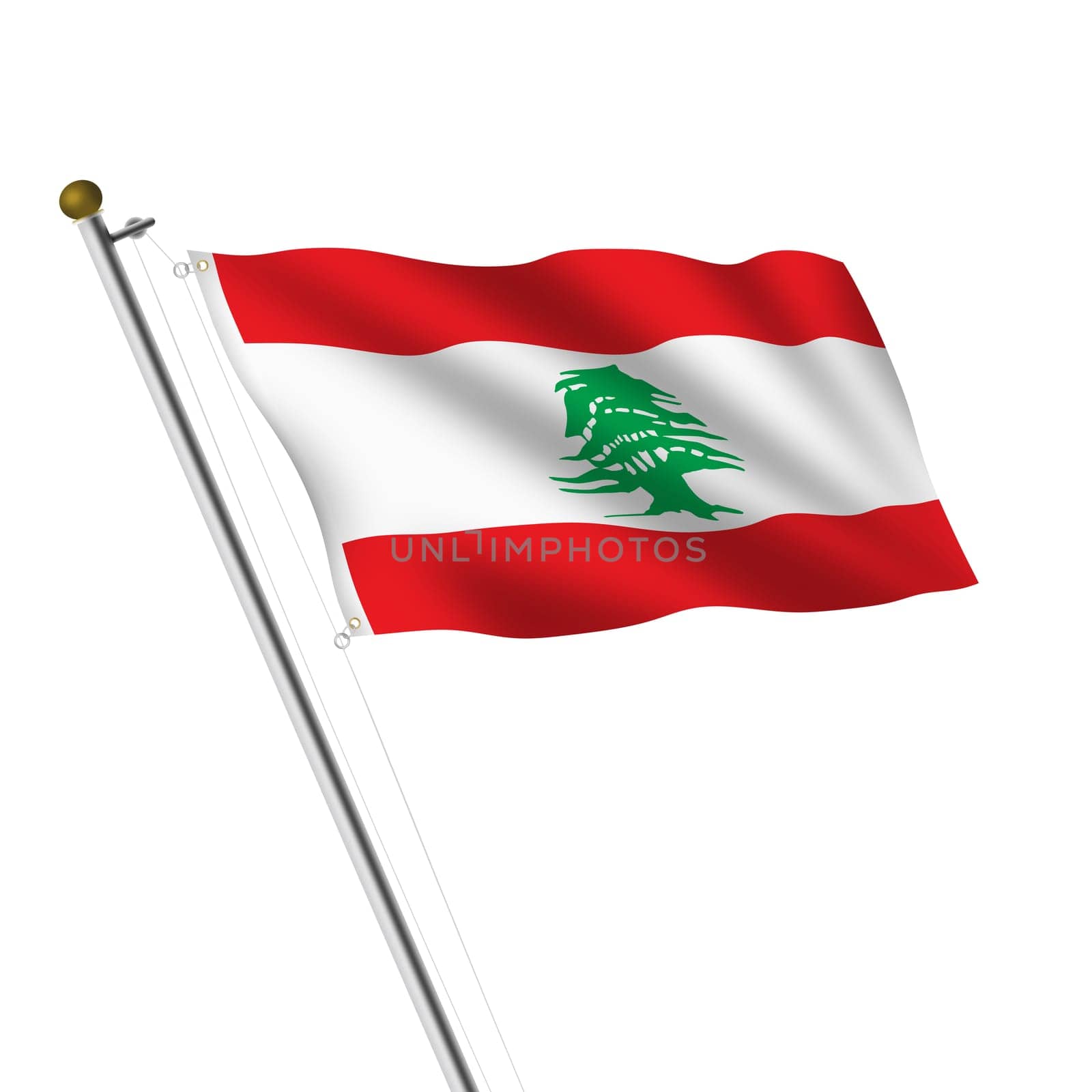 A Lebanon flagpole 3d illustration on white with clipping path