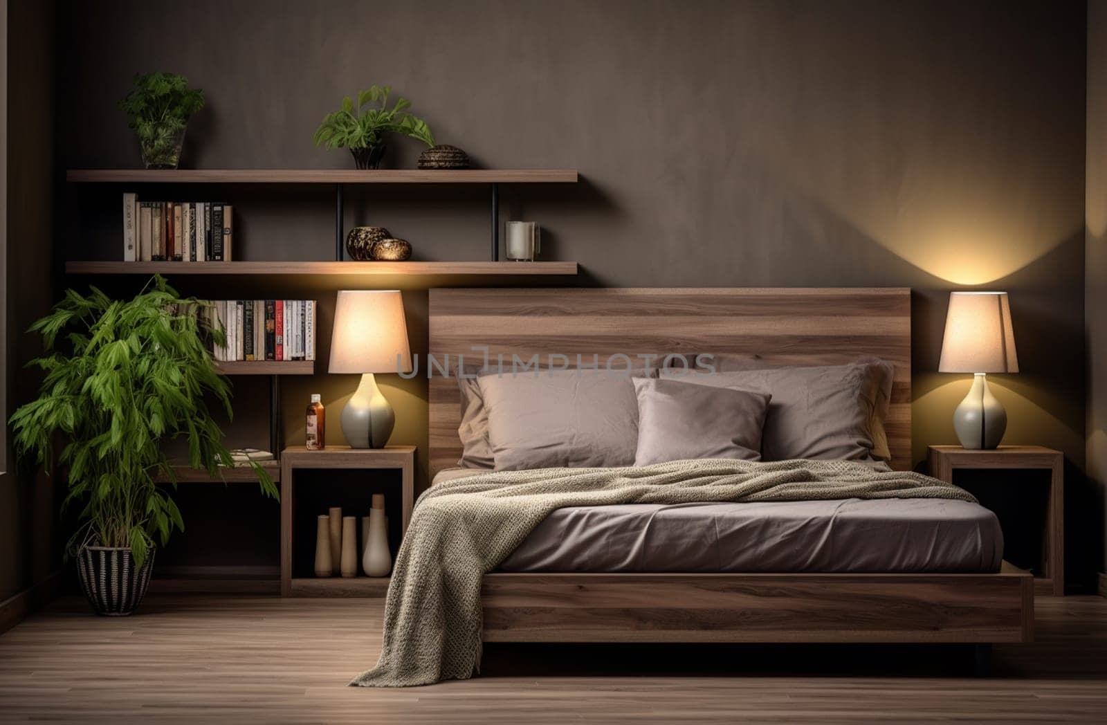 Stylish grey bedroom interior, having dark wood bed with bedside tables, empty wall, white details, indoor plant and lighter parquet flooring. Concept of modern home and hotel design. 3d rendering