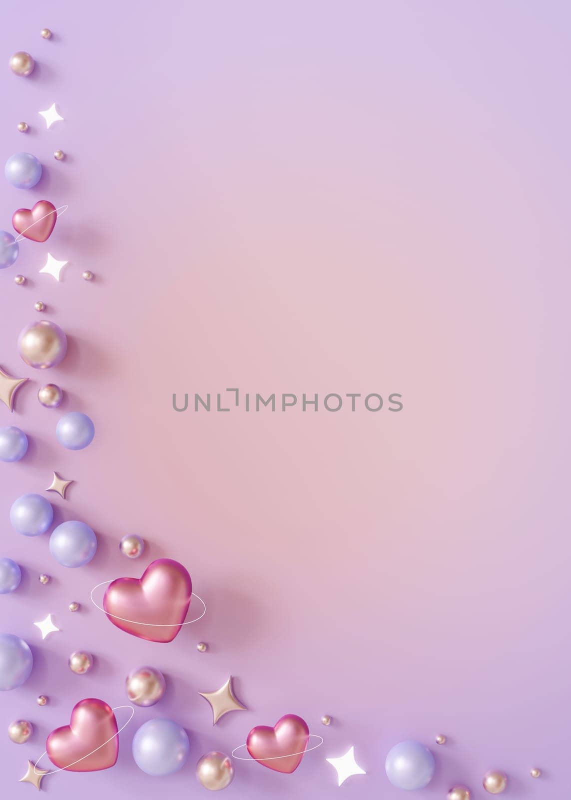 Violet background with shiny hearts, glowing stars and copy space. Valentine's Day, Woman's, Mothers Day backdrop. Empty space for text. Postcard, greeting card design. Y2k Valentine gradient. 3D