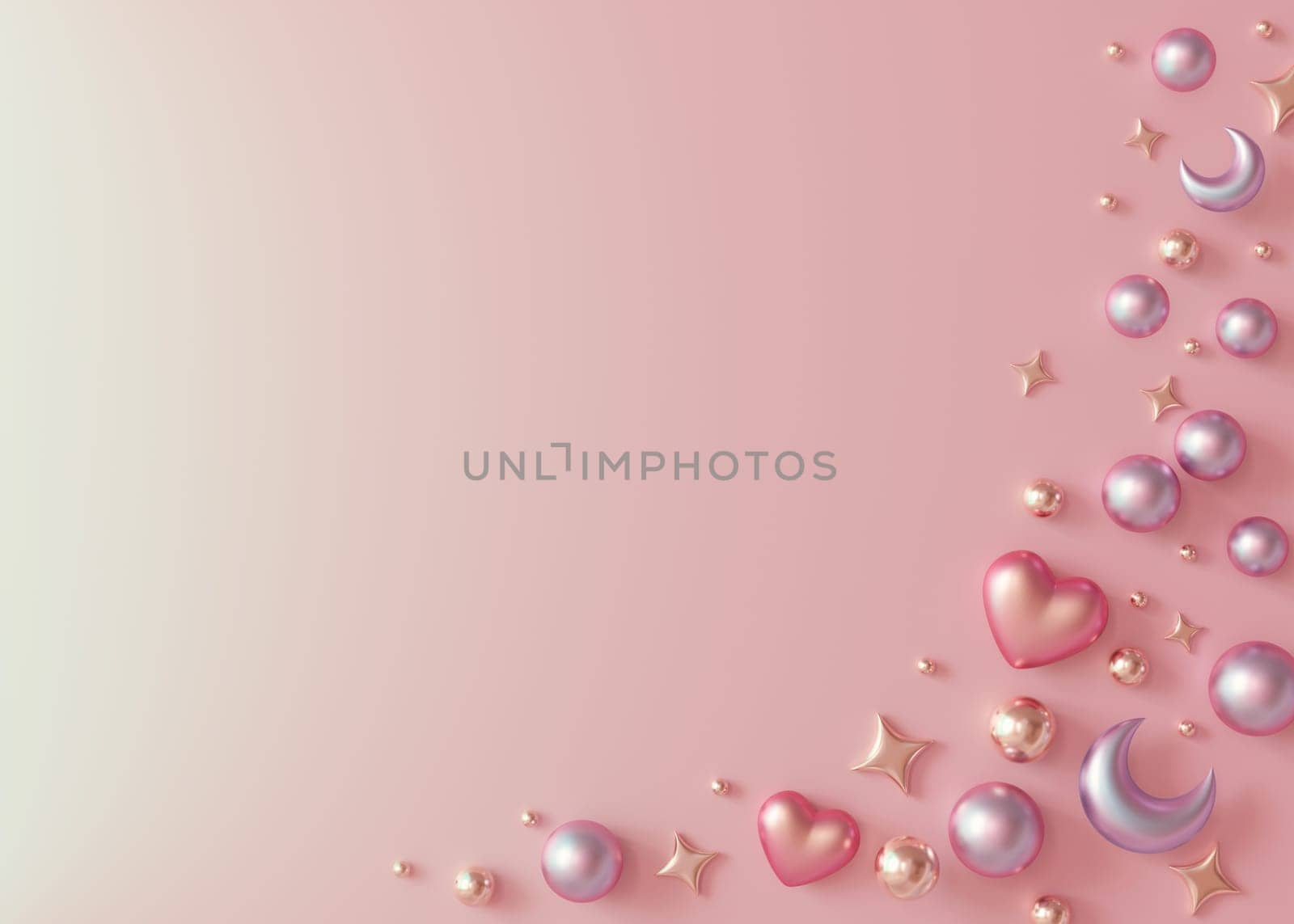 Pink background with shiny hearts, moons, stars, pearls and copy space. Valentine's Day, Womans, Mothers Day backdrop. Empty space for text. Postcard, greeting card design. Y2k Valentine gradient. 3D