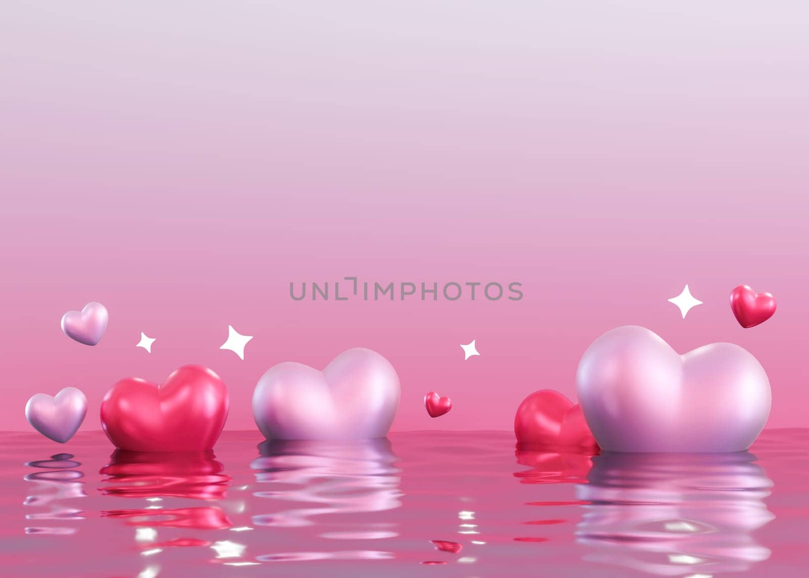 Pink background with shiny hearts, stars, water and copy space. Valentine's Day, Woman's, Mothers Day backdrop. Empty space for text. Postcard, greeting card design. Y2k Valentine gradient. 3D. by creativebird