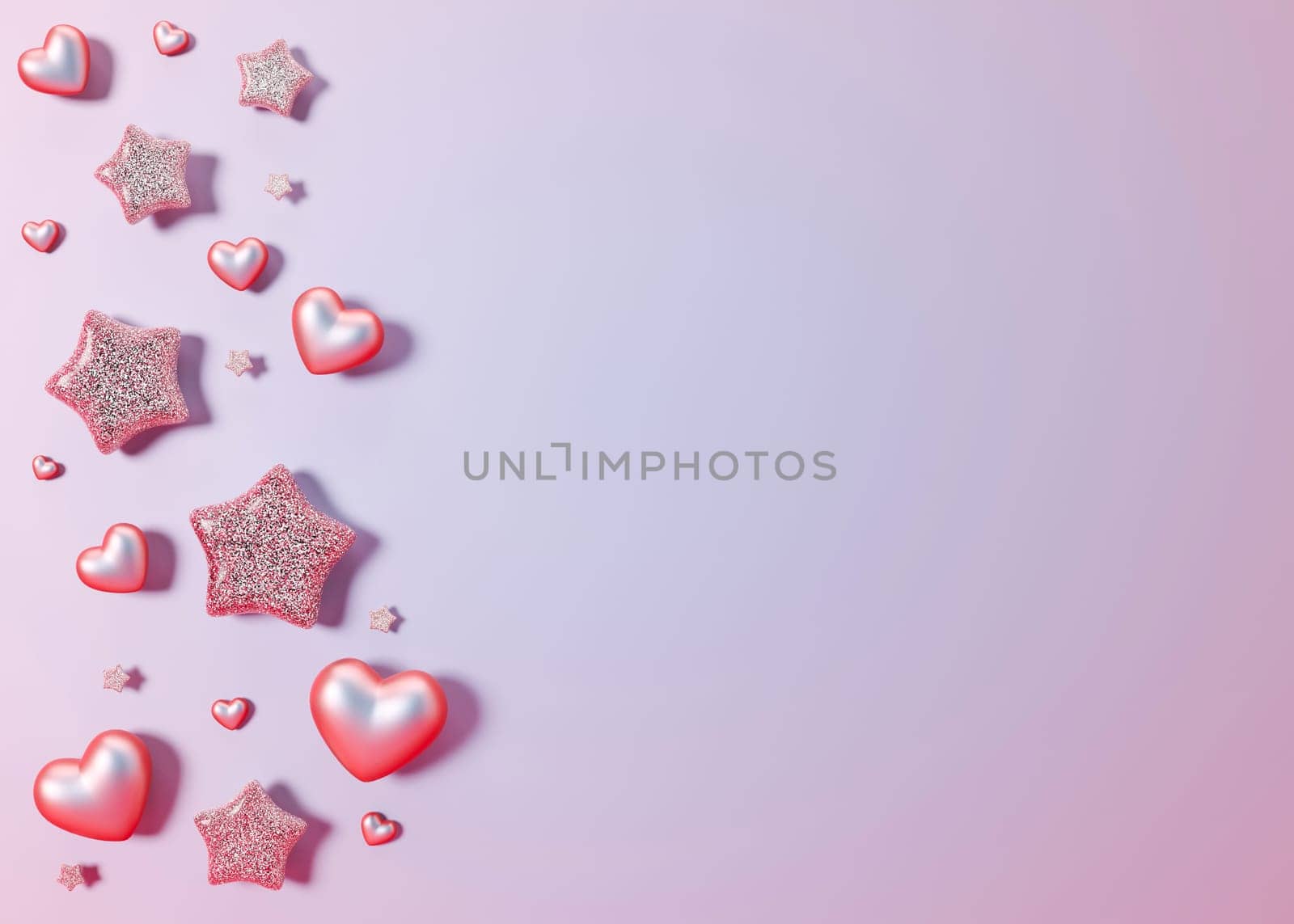 Violet background with shiny hearts, glittering stars and copy space. Valentine's Day, Woman's, Mothers Day backdrop. Empty space for text. Postcard, greeting card design. Y2k Valentine gradient. 3D