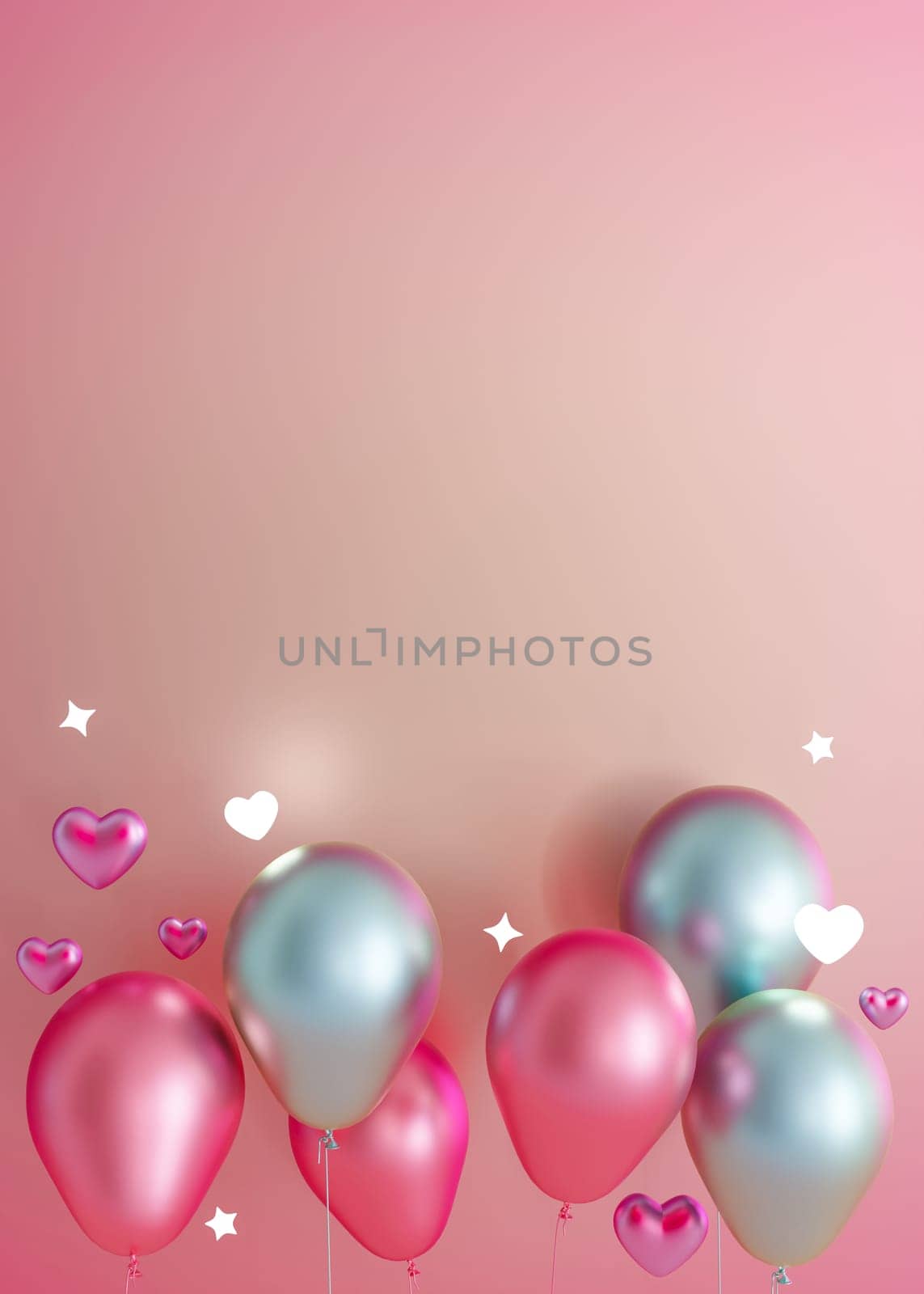 Pink background with helium balloons, hearts, stars and copy space. Valentine's Day, Woman's, Mothers Day backdrop. Empty space for text. Postcard, greeting card design. Y2k Valentine gradient. 3D. by creativebird