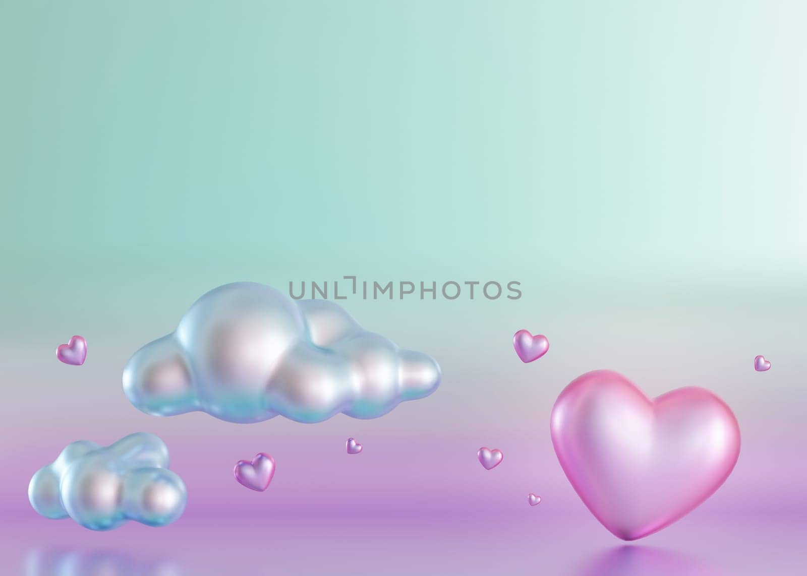 Surreal Y2K-style digital render featuring metallic clouds and floating hearts in a gradient of blue to violet, with ample copy space for text. 3D