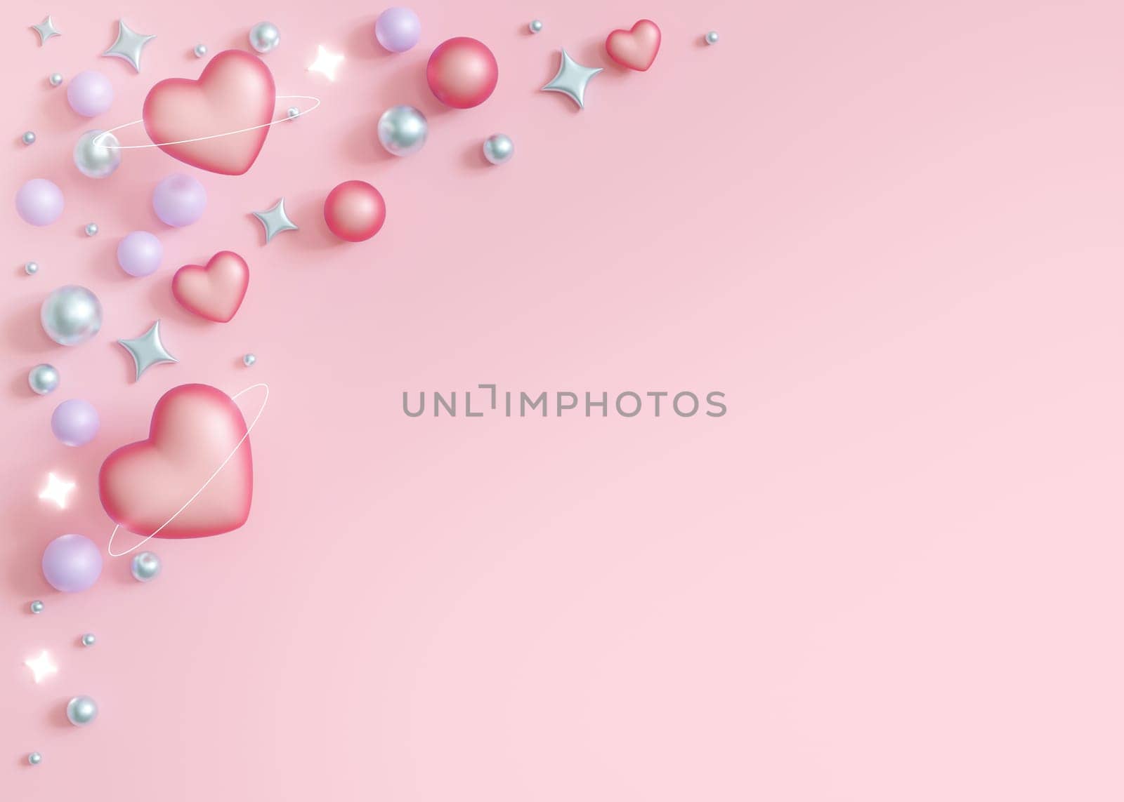 Cute, pink background with shiny stars, hearts, pearls and copy space. Valentines Day, Womans, Mothers Day backdrop. Empty space for text. Postcard, greeting card design. Pastel colors. Y2k style. 3D. by creativebird
