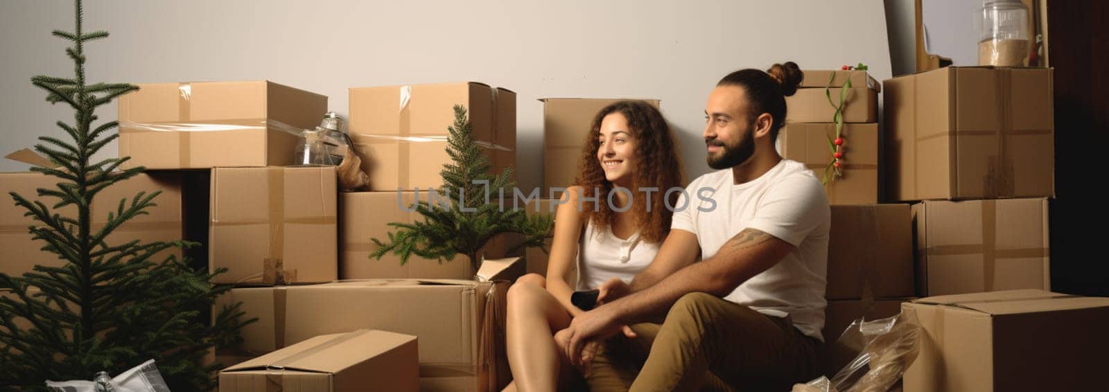 Relaxing in new house. Cheerful young couple sitting on the floor while cardboard boxes laying all around them. High quality photo