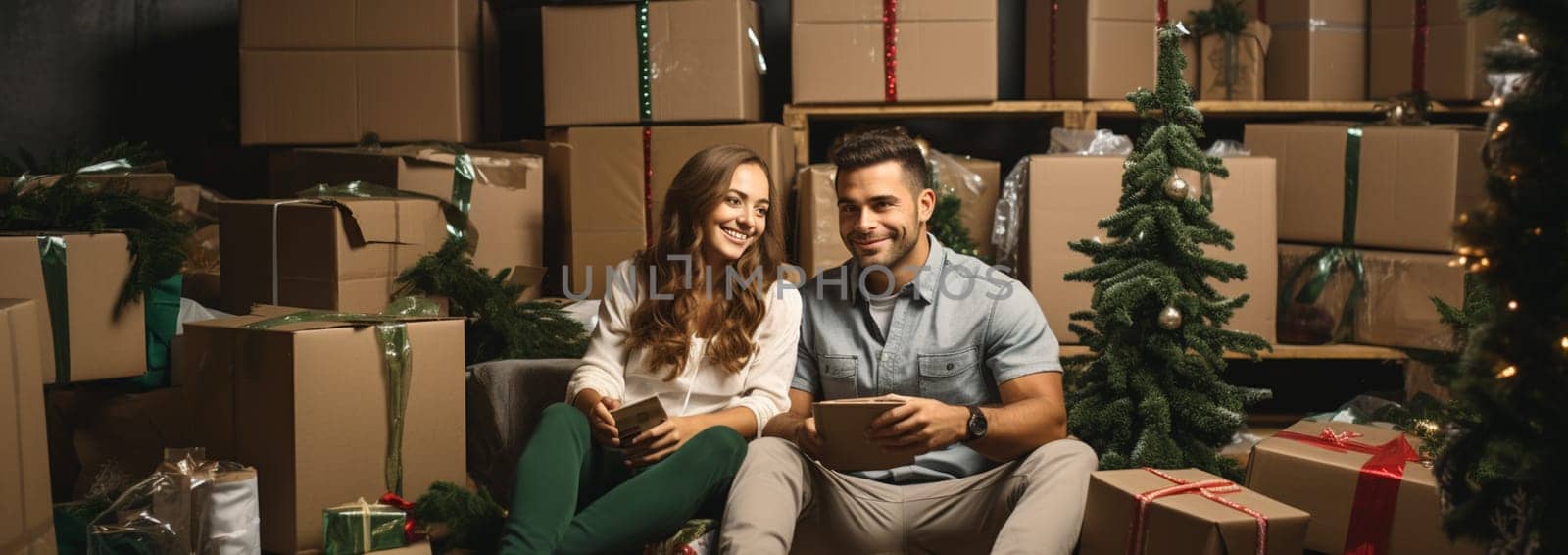 Relaxing in new house. Cheerful young couple sitting on the floor while cardboard boxes laying all around them by Andelov13