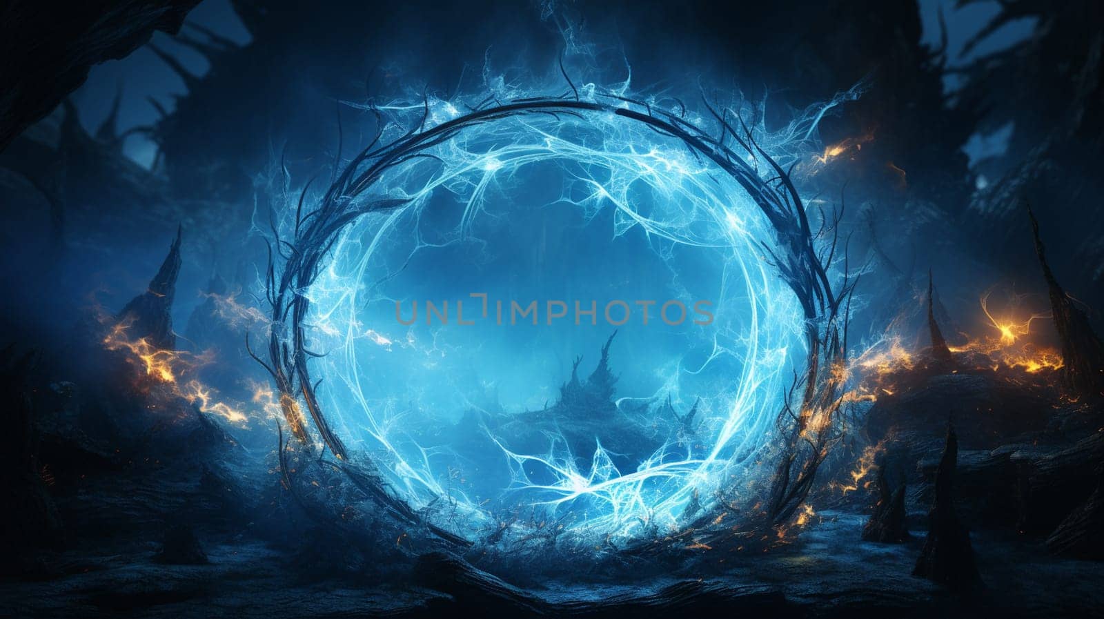 Blue circular shinning glowing light ring sparkle powerful effect dust explosion. Scatter bright neon on black background. Star frame galaxy and space digital concept. High quality photo