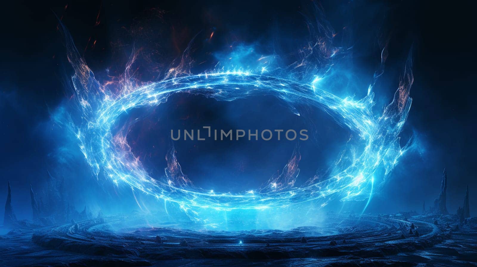 Blue circular shinning glowing light ring sparkle powerful effect dust explosion. Scatter bright neon on black background. Star frame galaxy and space digital concept. High quality photo