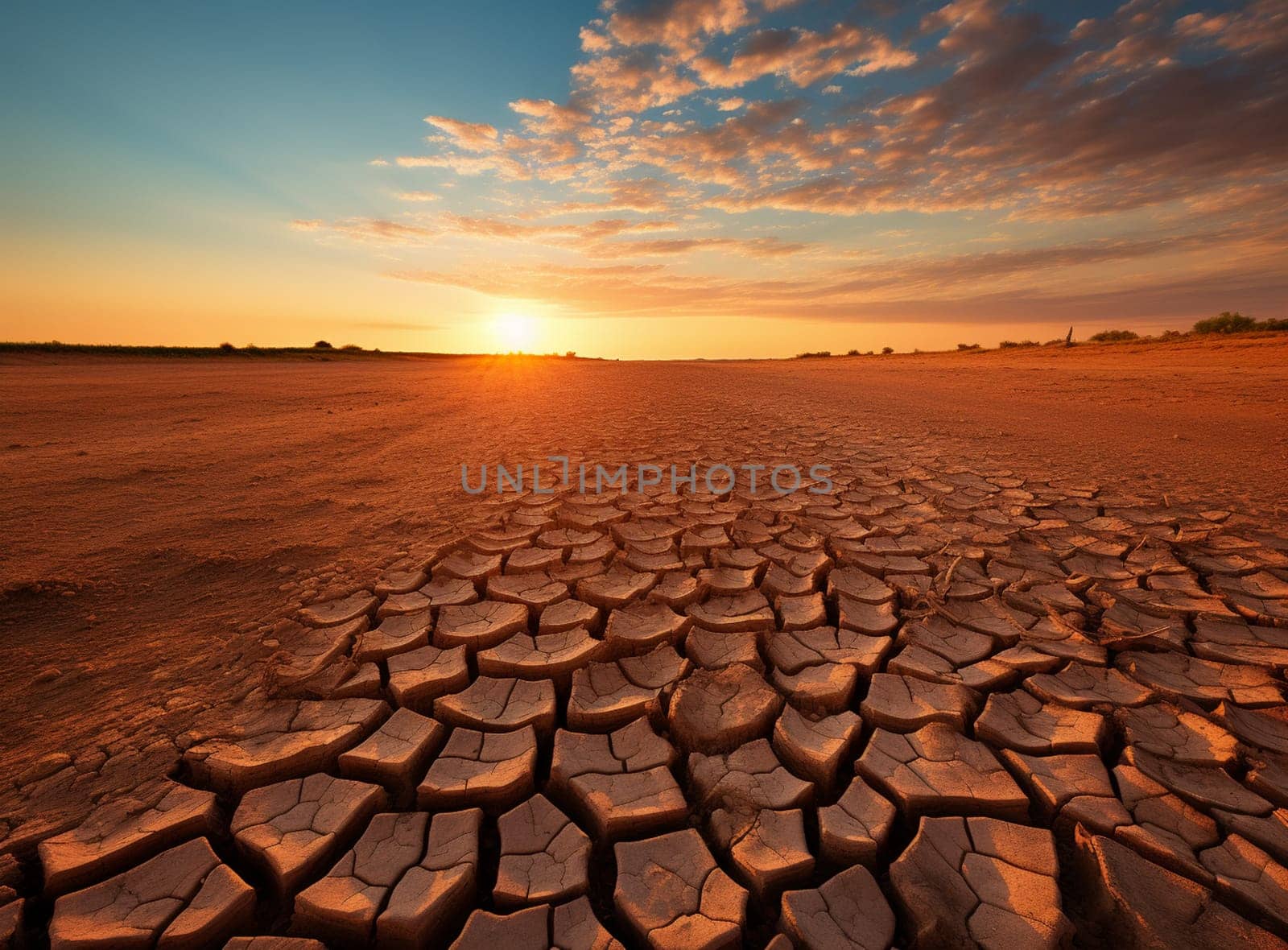 Cracked earth from arid drought weather in dam or river, hot summer nature, land and hills on sky environment, surface clay soil rough crack pattern texture background, desert broken on hot mud ground. High quality photo