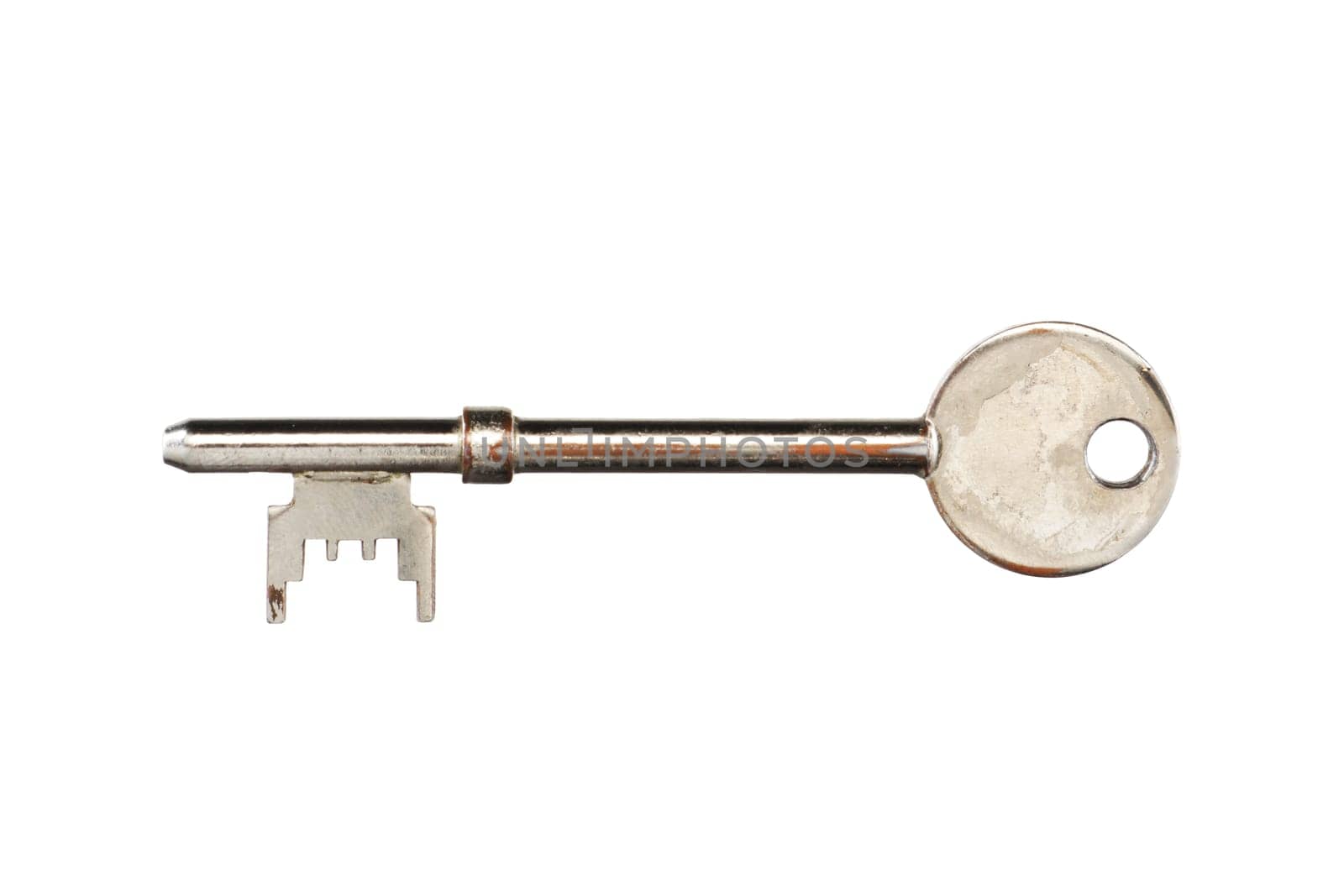 Silver key for mortice sash and dead locks isolated on white with clipping path