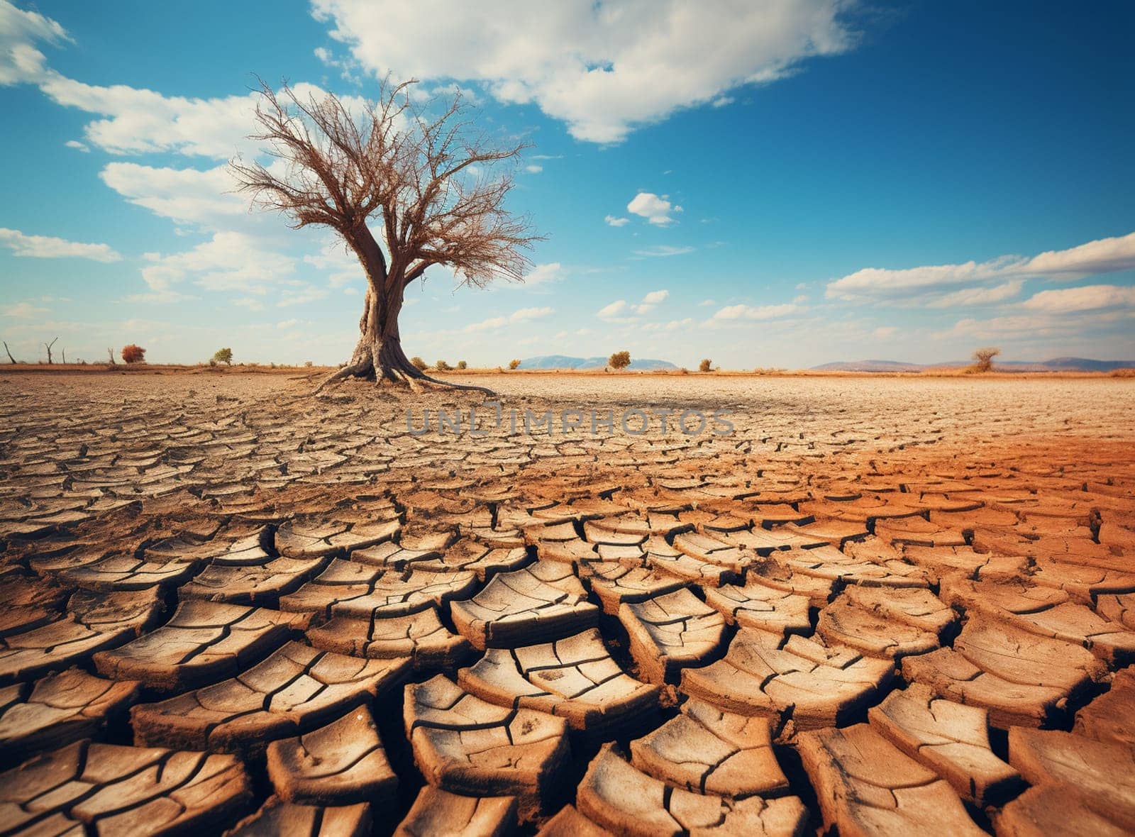 Cracked earth from arid drought weather in dam or river, hot summer nature, land and hills on sky environment, surface clay soil rough crack pattern texture background, desert broken on hot mud ground. High quality photo