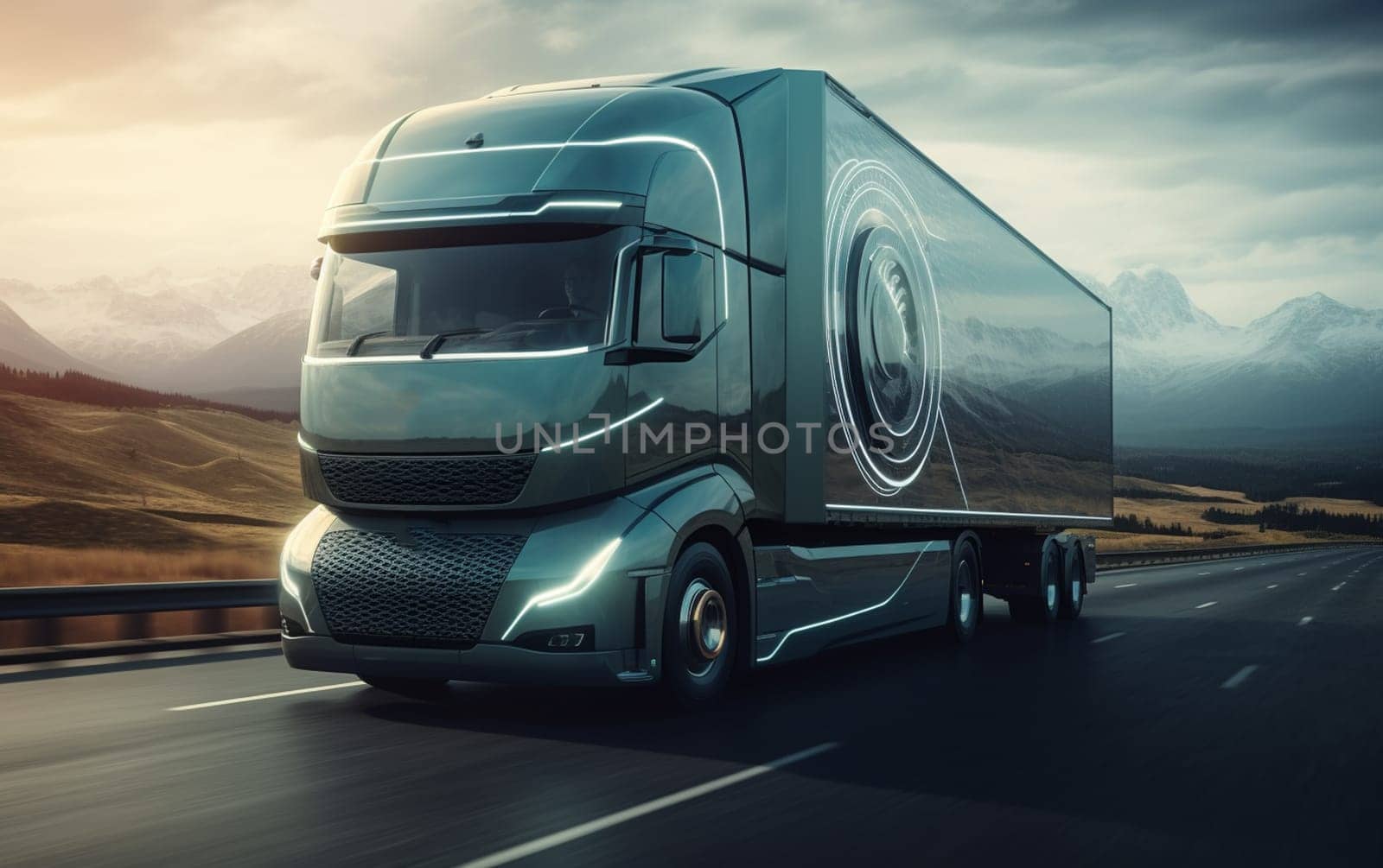 Generic design blue Heavy Electric Truck passing highway curve. 3D rendering image. High quality photo